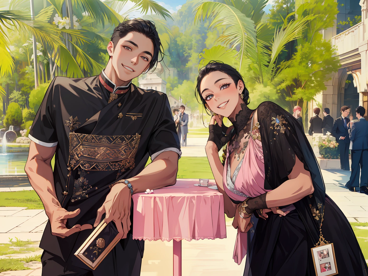 (masterpiece, best quality, highres, Sweet couple, beautiful girl, young boy, smile, couple photo, detailed eyes, dark eyes, detailed face, black hair, stylish hair, classy outfit, romantic background, highly detailed