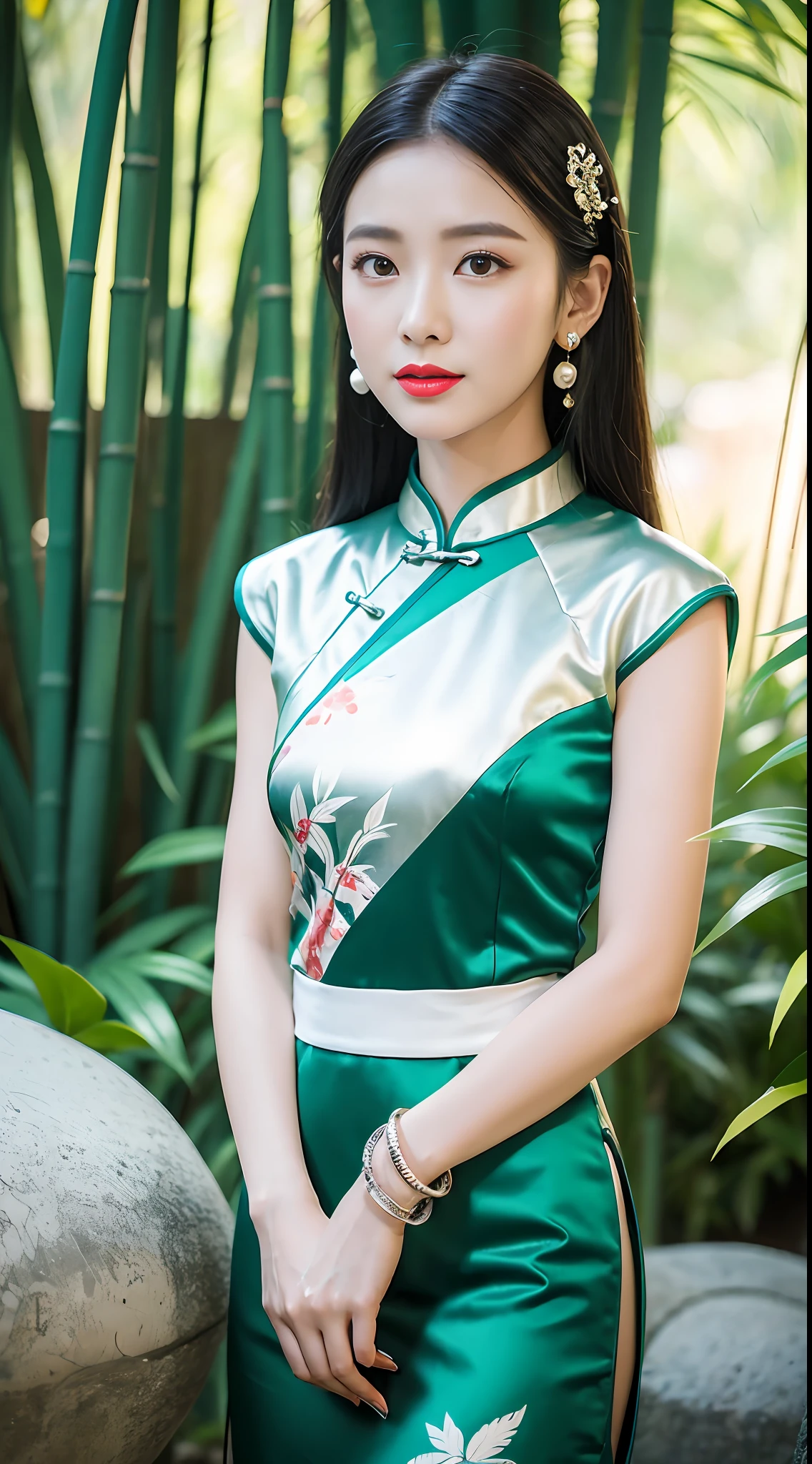 tmasterpiece, best qualtiy,1girll,Star face,fully body photo,Long legs,The skin is white and red, The eyes are bright and alert,Semi-curved eyebrows, Swallow red lip gloss, Hairpins,Jet black hair,White bamboo leaf ink painting ethnic style cheongsam,Pearl earrings,Silver bracelet,green trees,arch bridges,small stream,Background bokeh