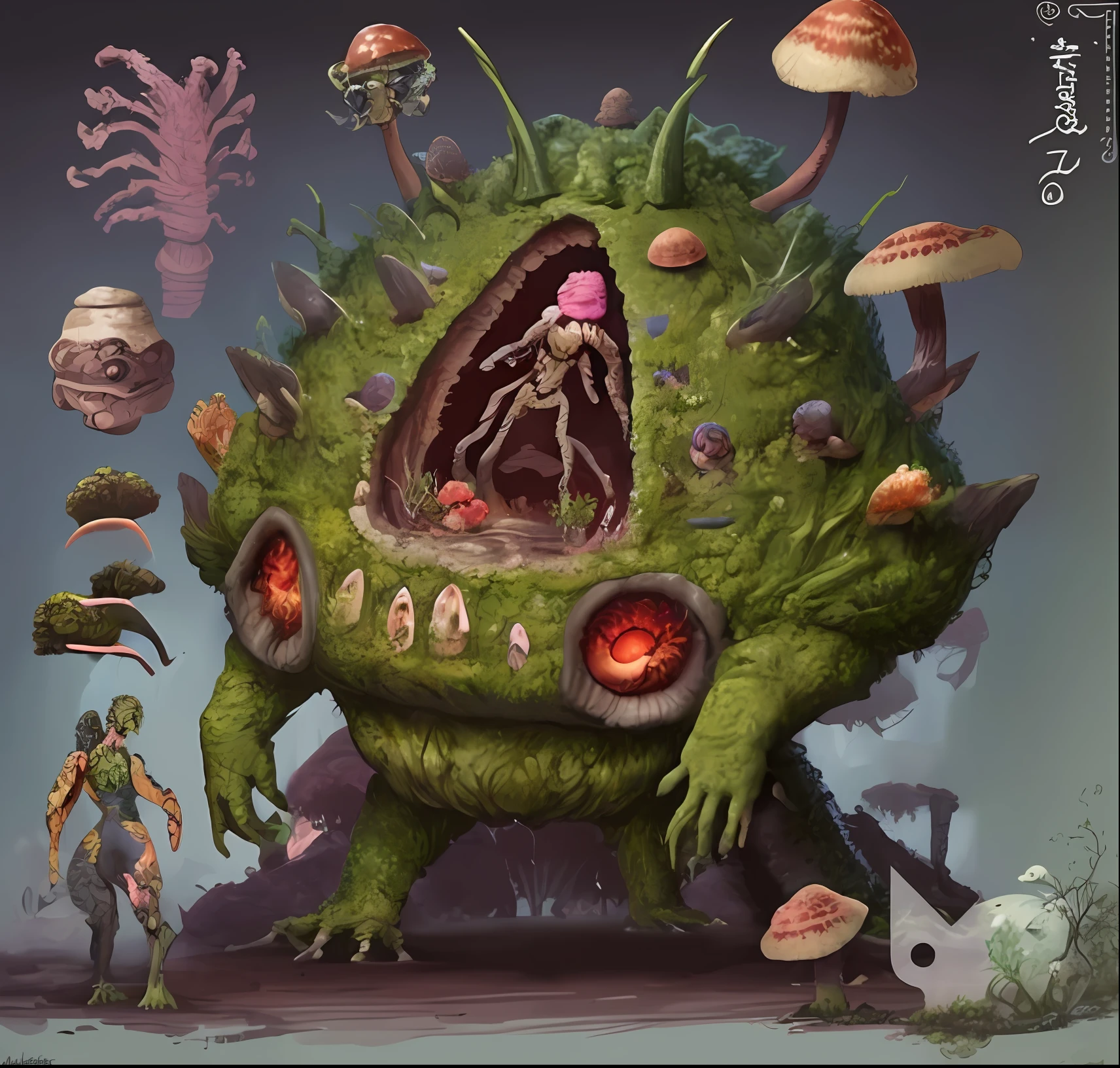 Close-up of a monster with a human figure in front of a mushroom, Monster Concept Art, Grotesque Large Aliens, Cosmic horror concept art, Ultra-realistic fantasy monsters, concept creature character art, Humanoid Thistle Monster, monster character design, God of fungi, Ultra-detailed concept art, greg rutkowski concept art, Alien flora and fauna, Ultra-detailed concept art, Luminous Eyes