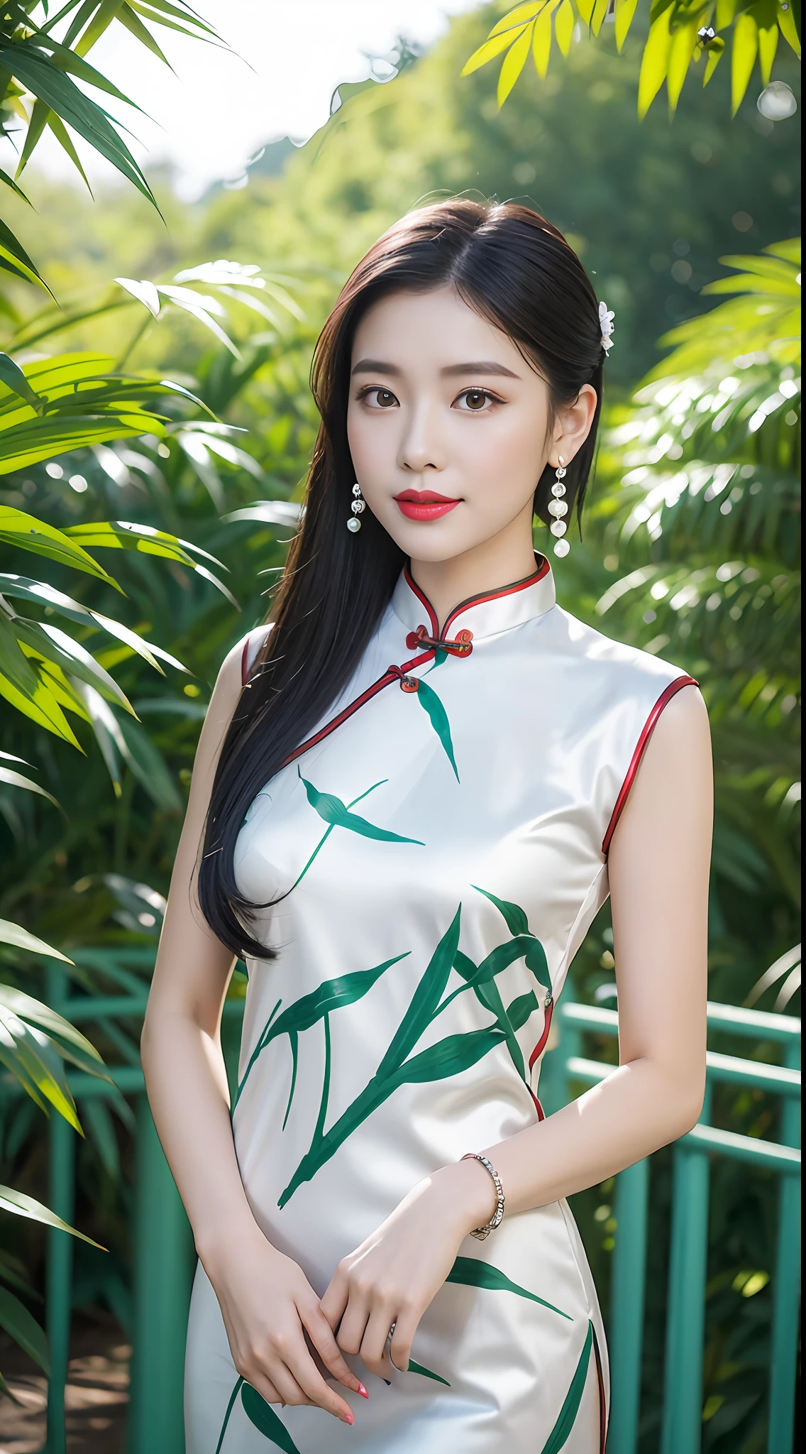 tmasterpiece, best qualtiy,1girll,Star face,ssmile,fully body photo,Long legs,The skin is white and red, The eyes are bright and alert,Semi-curved eyebrows, Swallow red lip gloss, Hairpins,Jet black hair,White cheongsam,Bamboo leaves painted in ink painting style on cheongsam,,Pearl earrings,Silver bracelet,Green trees,Stand on the arch bridge,small stream,Background bokeh