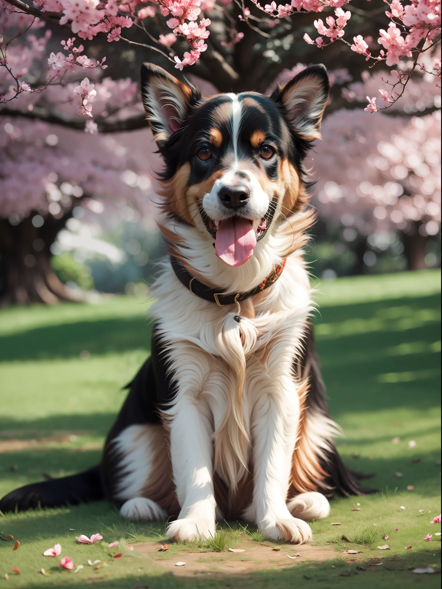 Vietnamese dog, slightly skinny, sitting on the lawn, a big tree in the distance, happy, smiling, masterpiece, 8k, high resolution, highest texture, better face, rich details, --v6