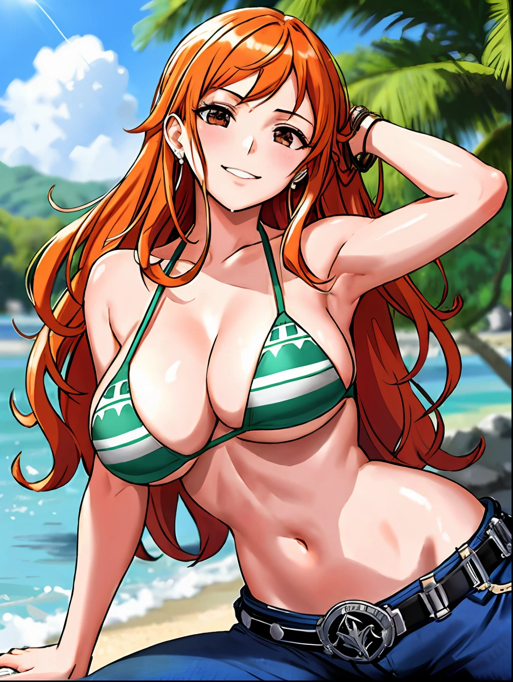 detailed background, masterpiece, 4k, epic, best quality, late youth, adult, milf, athlete body, 1girl, active, energic, ((wide open mouth, smile, lying on the ground, fully lying down, open eyes, hands spread sideway)) , solo, nami \(one piece\), 1girl, bangle, (very missy hair, tired, open mouth, feeling hot, tilting head, both hands spreadeagled, serious, hurt, glaring, open eyes, looking up, perfect detailed face, round face) bold drawing lines, muscular arms, detailed bold arm lines, flat jaw, adult woman, (wavy wide streaked bangs, floating bang, long left bangs ) (big cheeks), bare shoulders, off-shoulders, belt, bikini, bikini top only, blue sky, bracelet, springy breasts, breast lines, big round eyes, very big brown shiny eyes, bubbles, high eye position, cleavage, cloud, day, denim, earrings, floating hair, shiny hair, green belt, green bikini, bold groin lines, long jeans, jewelry, medium breasts, log pose, long hair, looking at viewer, long navel, wet hair, orange hair, pants, shoulder tattoo, sidelocks, sky, solo, stomach, swimsuit, tattoo, detailed left arm, big forehead, hourglass figure, small head, toned body, wide hair, wind effect, sun effect, under the sun, narrow small ears angle, older, straight shot,