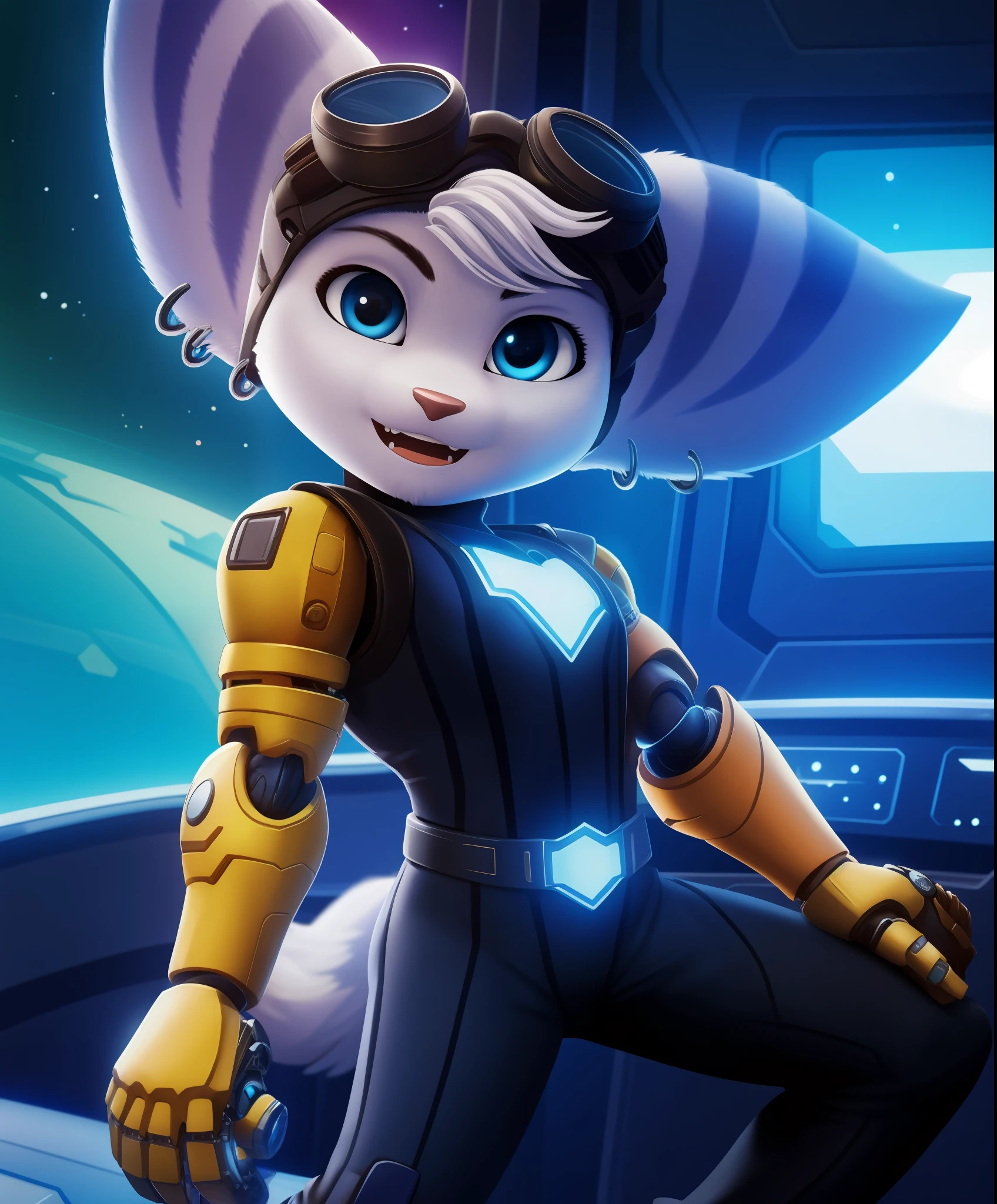 rivet, blue lombax girl, blue eyes, goggles, glowing chest, solo, standing, portrait, blue striped arm, yellow cybernetic robot arm, black glove, (best quality, masterpiece:1), action pose, detailed fur, (body fur, furry body:1.4), shortstack, short female, furry female anthro, black jumpsuit, black pants, grey pants, looking at viewer, closed mouth, (spaceship cockpit background:1.2), smile, tail,