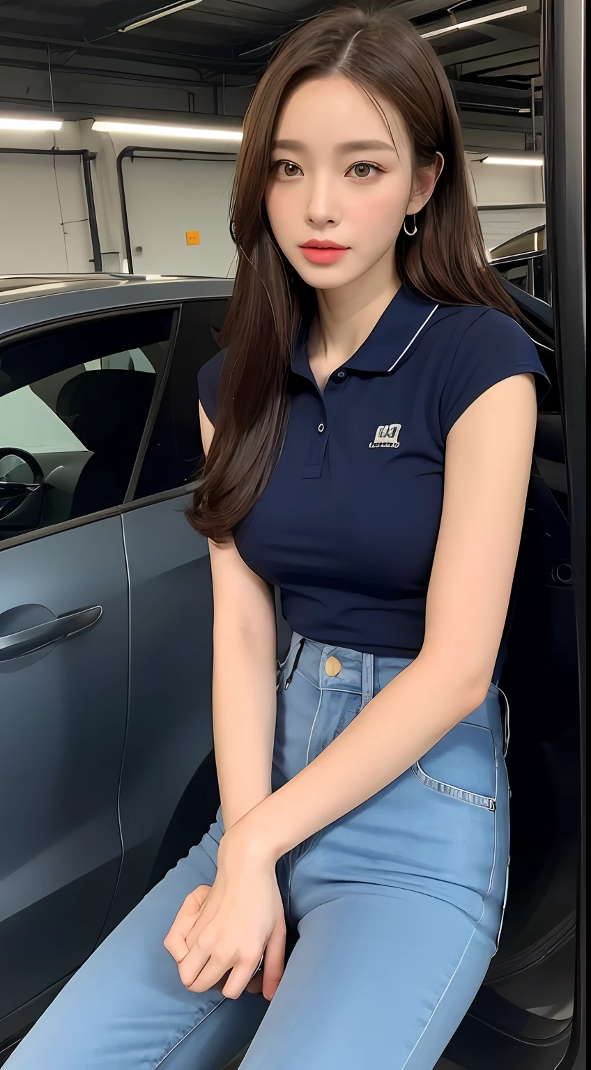 ((top-quality、8K、​masterpiece:1.3)), Beautuful Women, 1girl in, :1.3, Slender body type :1.1, dark brown hair, (Car Shop Background, a wet body,Blue work polo shirt in factory、Blue workwear tight pants), Super Detailed Face, Detailed lips, detailedeyes, 二重まぶた、full body photographed