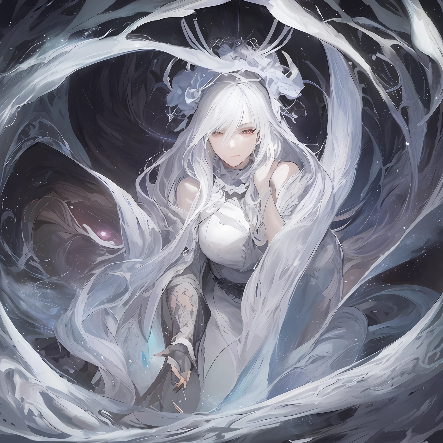 a close up of a woman with a white hair and a black scarf, a character portrait by Yang J, pixiv contest winner, fantasy art, white haired deity, beautiful character painting, artwork in the style of guweiz, the piercing stare of yuki onna, guweiz, with white long hair, with long white hair, flowing hair and long robes