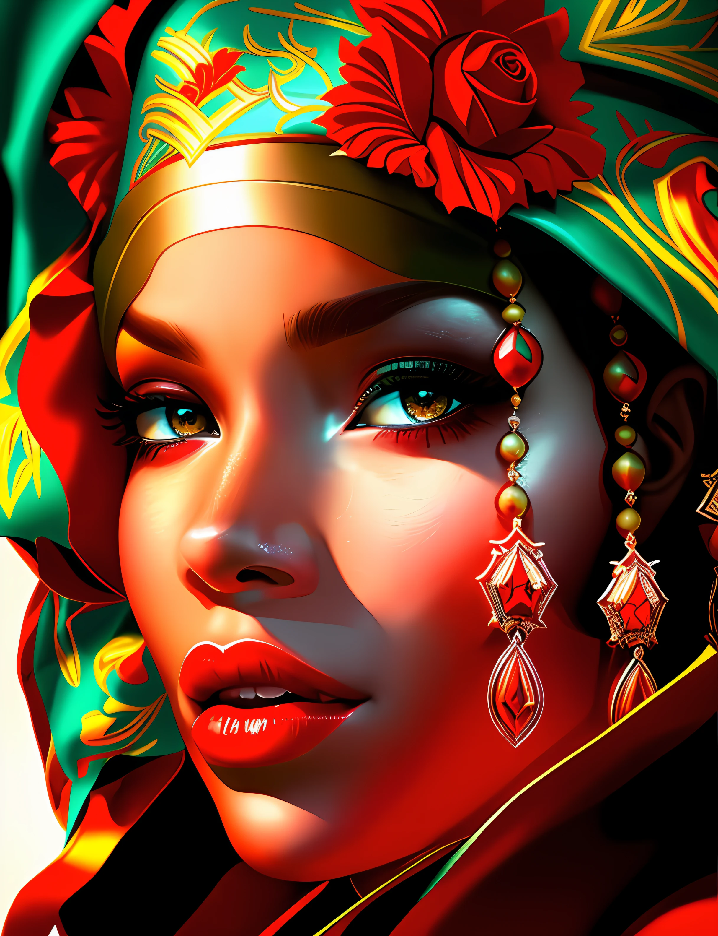 Painting of a woman with a red scarf and a red flower, stunning digital illustration, retrato de beleza detalhado, pintura digital impressionante, Beautiful digital illustration, Arte bonita UHD 4K, retrato bonito detalhado, 8k arte impressionante, pintura detalhada 4K, exquisite digital illustration, 8k arte detalhada de alta qualidade, lindo pintura digital, Epic portrait illustration, Arte digital altamente detalhada em 4k