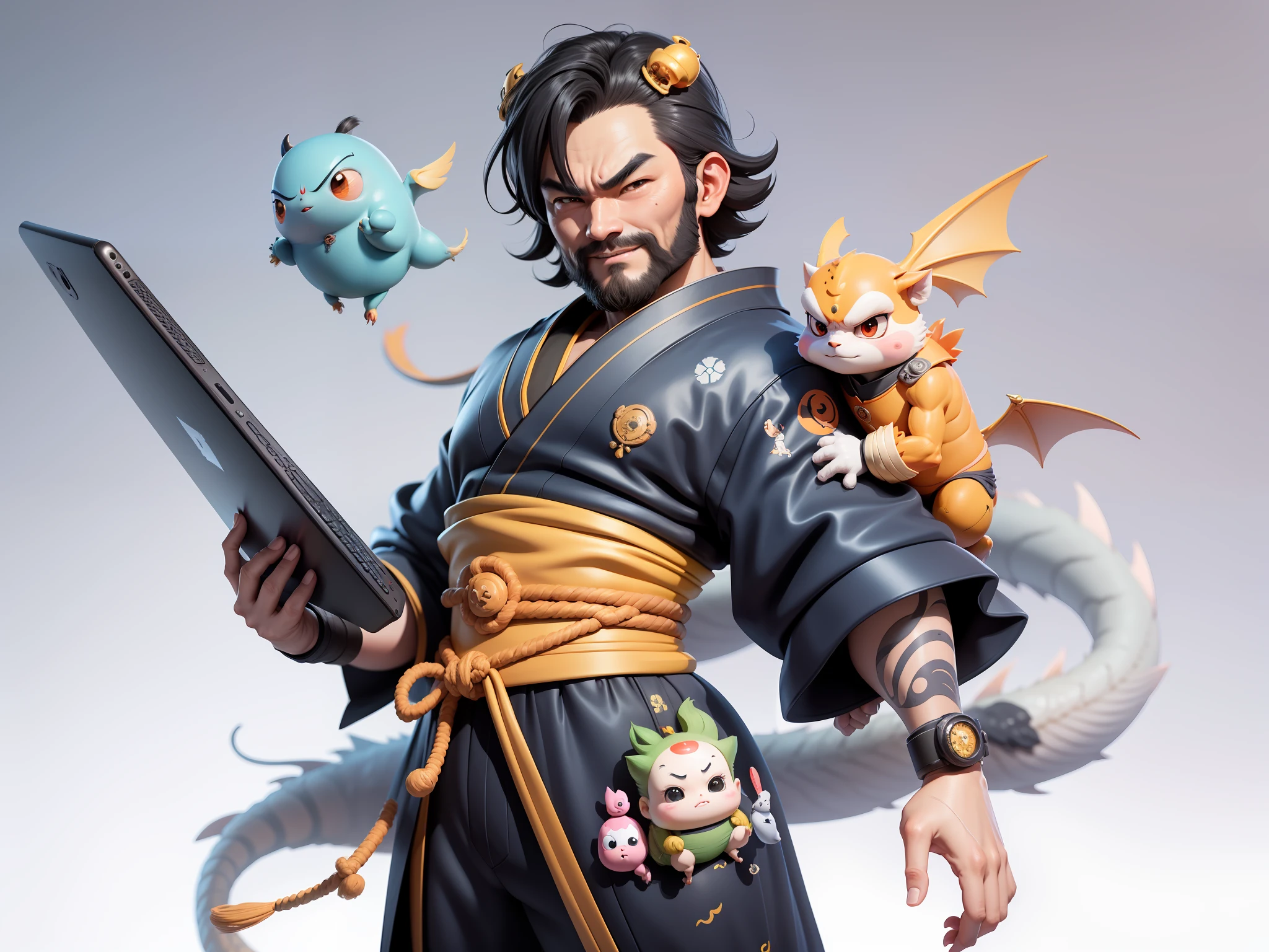 (Daisaku),(Need),(Super meticulous),(full bodyesbian:1.2),Japanese ukiyo-e girl,japanese geisha,Beautiful,Oriental dragon,Aeolian Thor,Raised sexy,爆乳,Oriental face,TV Anchor,Bust portrait illustration,Alone,In black suit,a blue tie,The face is slightly chubby,The face was clean,without a beard,Black super short hair,Black eyes,Smile confidently,3C computer sub-products,iPad, iphone,Digital painting,3D character design by Mark Clairen and Pixar and Hayao Miyazaki and Akira Toriyama,The illustration is a high-definition illustration in 4K resolution,With very detailed facial features and cartoon-style visuals。