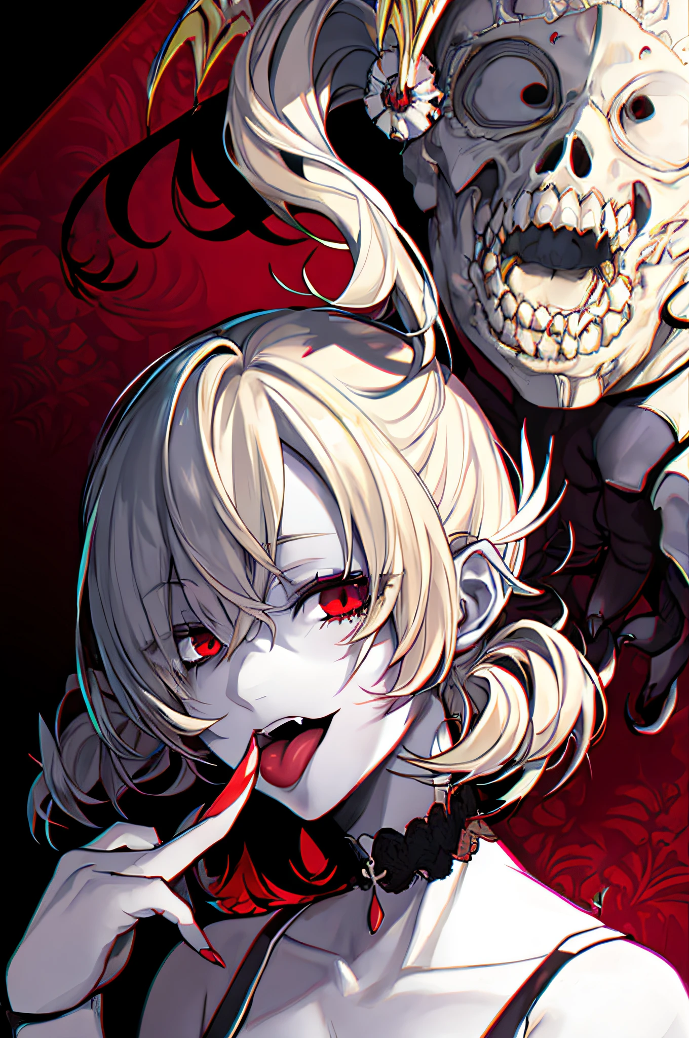 Red eyes, Tongue out, finger nails, Colored skin, zombie pose, JiangshiT, CatherineVG, 1girll