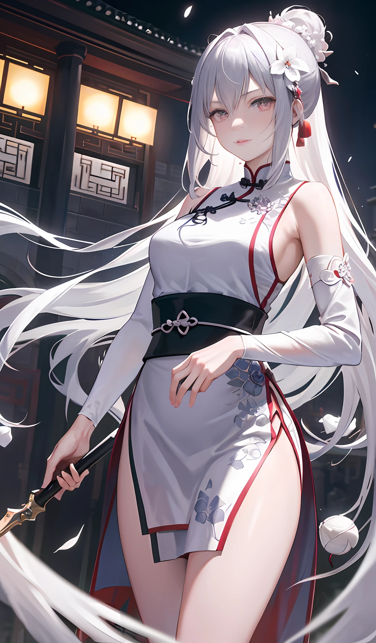 Masterpiece, Best, Night, Full Moon, 1 Female, Mature Woman, Chinese Style, Ancient China, Elder Sister, Royal Sister, Cold Face, Expressionless, Silver White Long Haired Woman, Pale Pink Lips, Calm, Intellectual, Three Belts, Gray Hitomi, assassin, dagger, flower ball background, street view