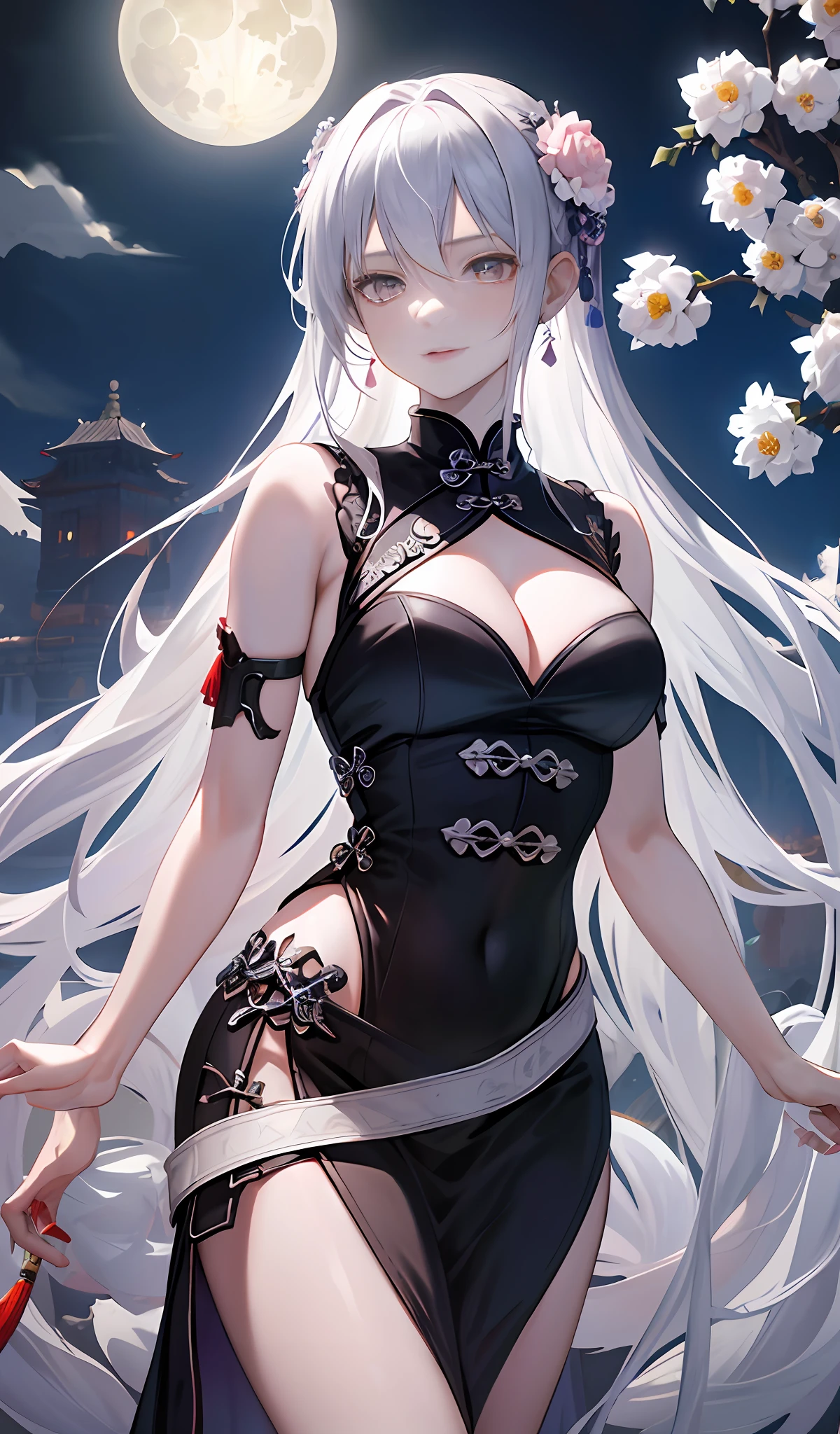 Masterpiece, Best, Night, Full Moon, 1 Female, Mature Woman, Chinese Style, Ancient China, Elder Sister, Royal Sister, Cold Face, Expressionless, Silver White Long Haired Woman, Pale Pink Lips, Calm, Intellectual, Three Belts, Gray Hitomi, assassin, dagger, flower ball background, street view