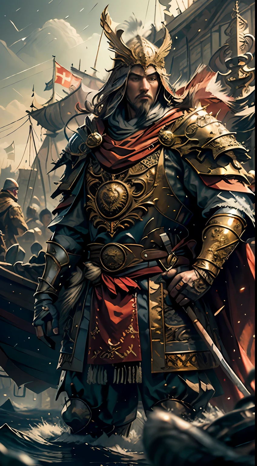 ((masterpiece))), (((best quality))), ((ultra-detailed)), (hyper-realistic), (highly detailed CG illustration), cinematic light, photorealistic, man in front of a castle), light, intricate makeup and detailed eaba, red cape, spear, (boat)