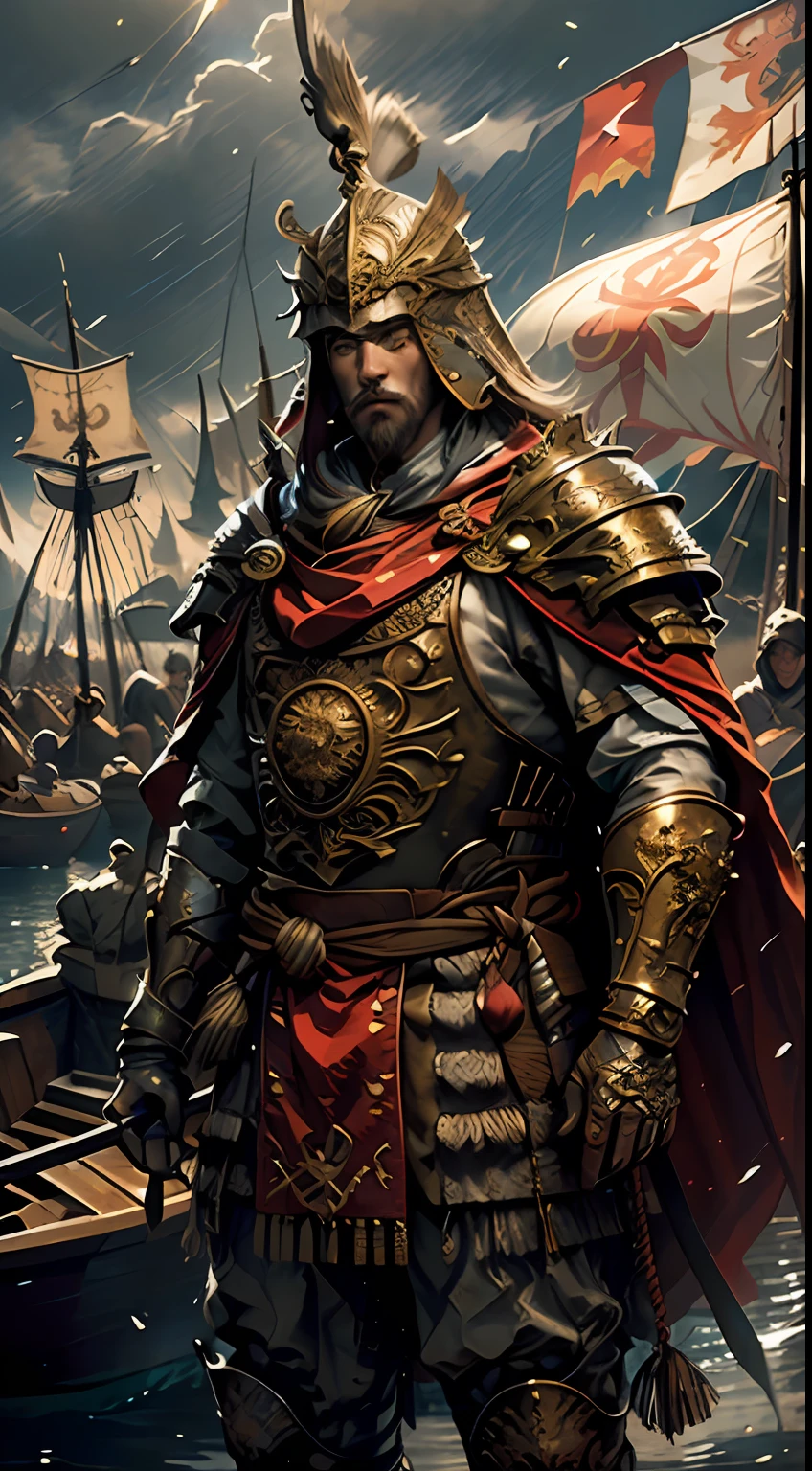 ((masterpiece))), (((best quality))), ((ultra-detailed)), (hyper-realistic), (highly detailed CG illustration), cinematic light, photorealistic, man in front of a castle), light, intricate makeup and detailed eaba, red cape, spear, (boat)