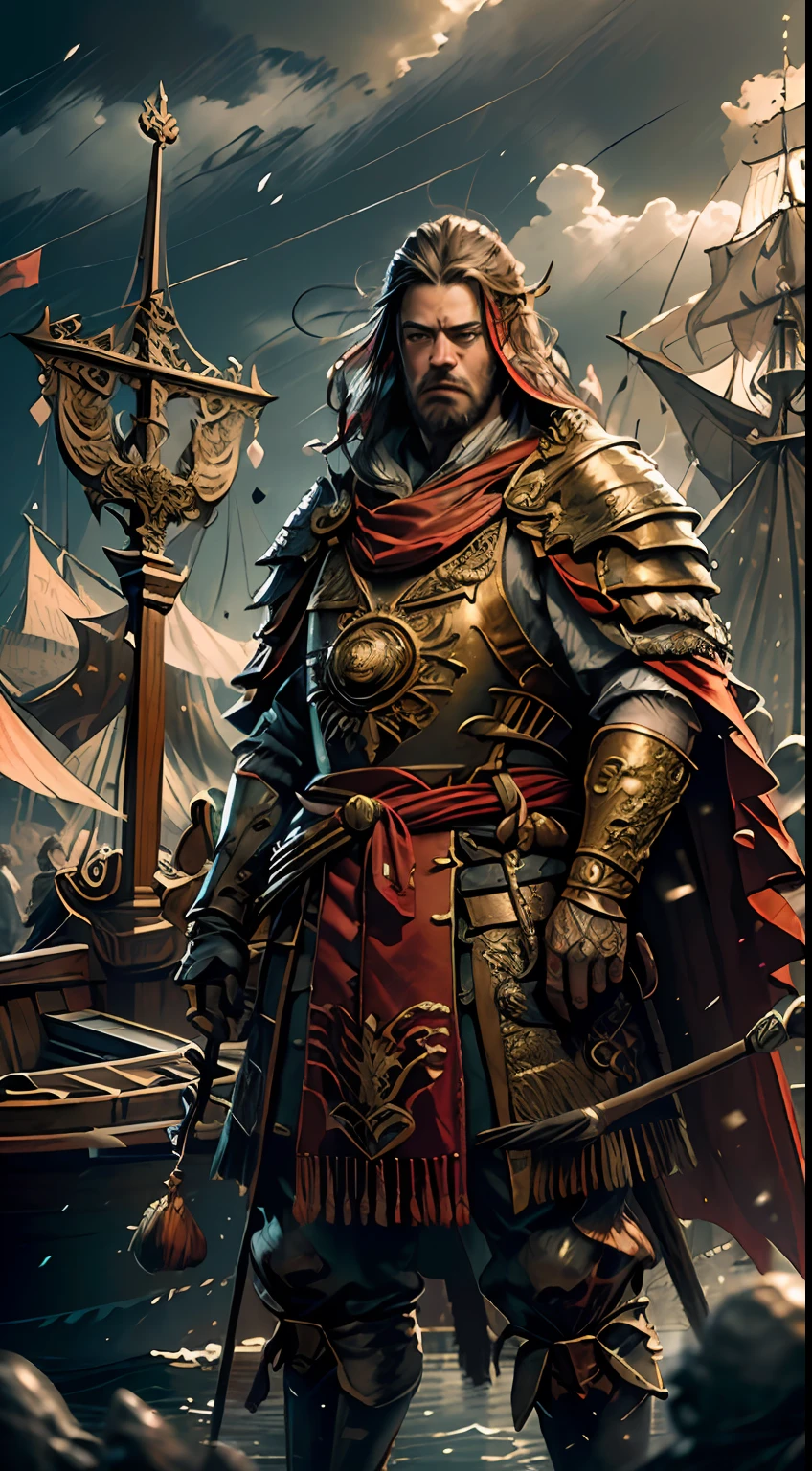 ((masterpiece))), (((best quality))), ((ultra-detailed)), (hyper-realistic), (highly detailed CG illustration), cinematic light, photorealistic, man in front of a castle), light, intricate makeup and detailed eaba, red cape, spear, (boat)