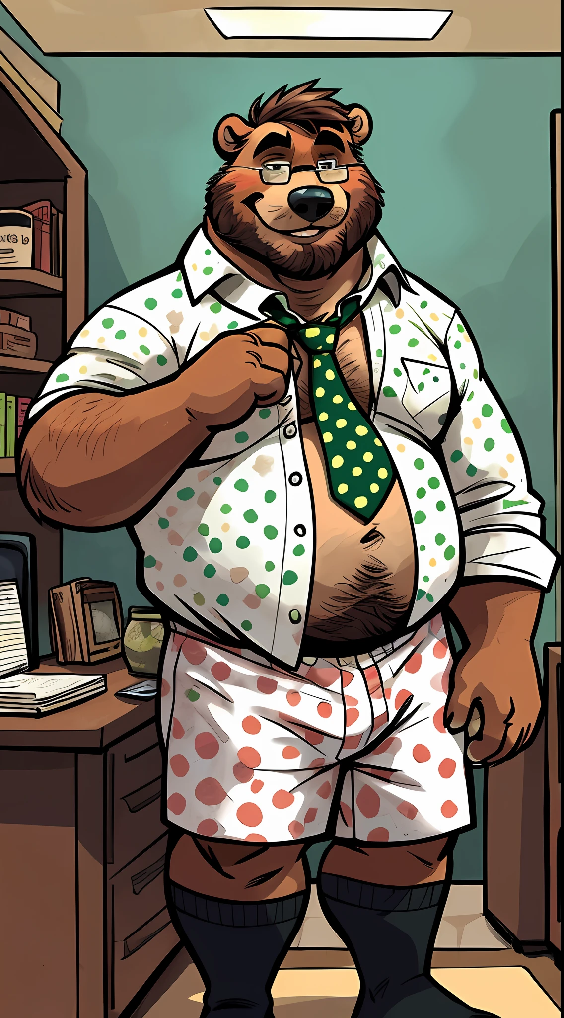 (by dramamine, by haps), mature male, old chubby bear, obese male, (Brown fur:1.2),((facial beard)),(hi res, best quality, high quality, detailed, shaded, shading, masterpiece:1.2), detailed eyes, detailed clothing, smirk, seductive smile, hairy chest, glasses,inside office,(green polka dots pattern white boxers:1.4), (white Open shirt:1.5), (necktie removed),(black socks:1.2)
