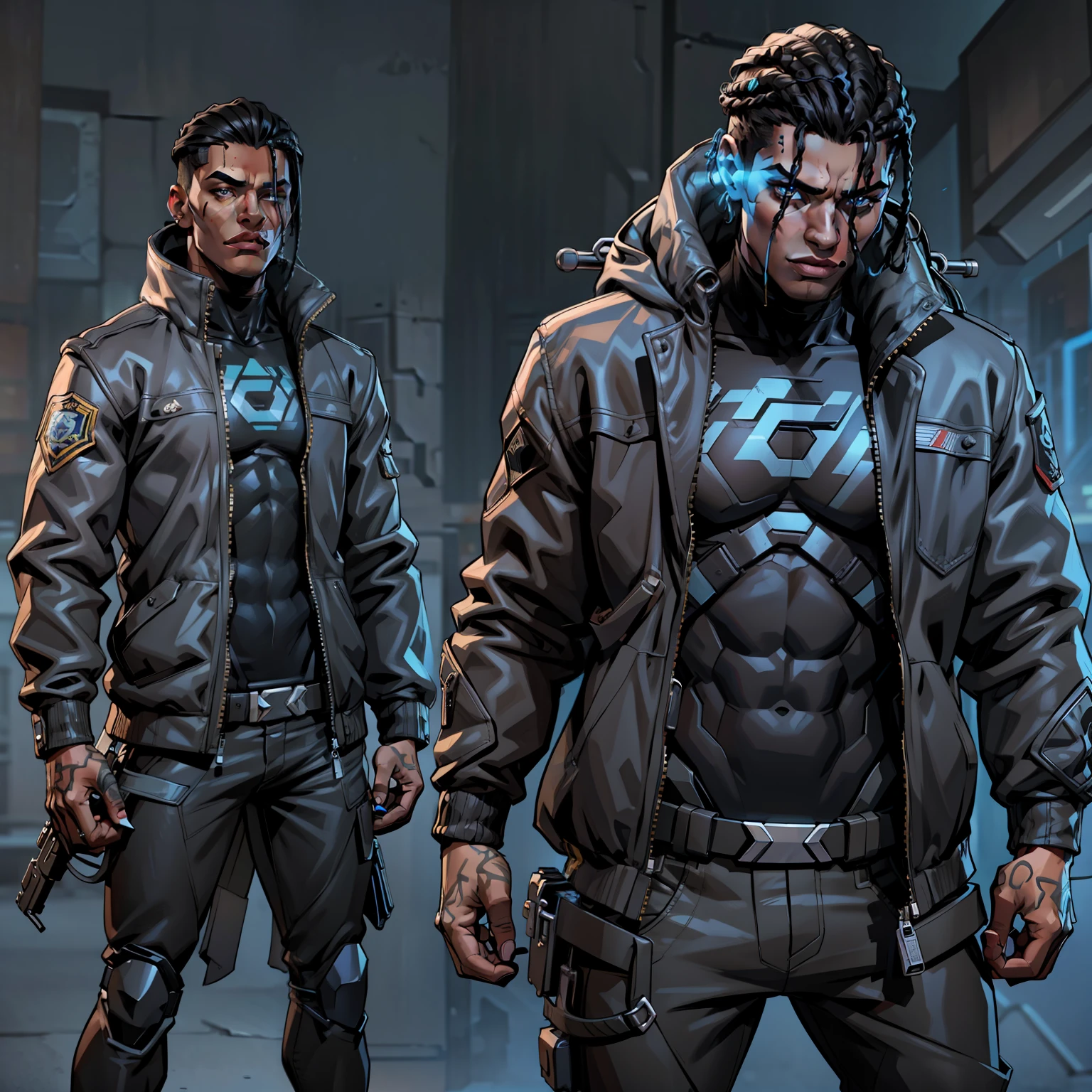 jovem negro, com cabelos semi-raspados fazendo gradiente, with a serious expression on his face, vestindo uma jaqueta preta com detalhes em azul, Estilo cyberpunk, esquete, multiplos angulos, modelo da roupa, modelo da arma, dinamic poses, fundo coeso, multiple versions of the same model, Jogo, ....3d, PROJETO, heroic, police