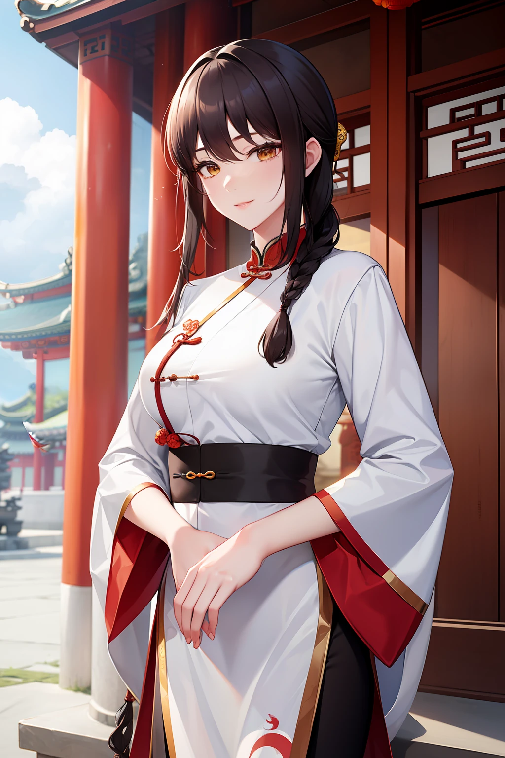 The woman's hairstyle is low twisted braids，Wearing a Chinese women's Taoist robe，Stand in front of a Taoist temple，The name of the Taoist Temple is "White Cloud Temple"