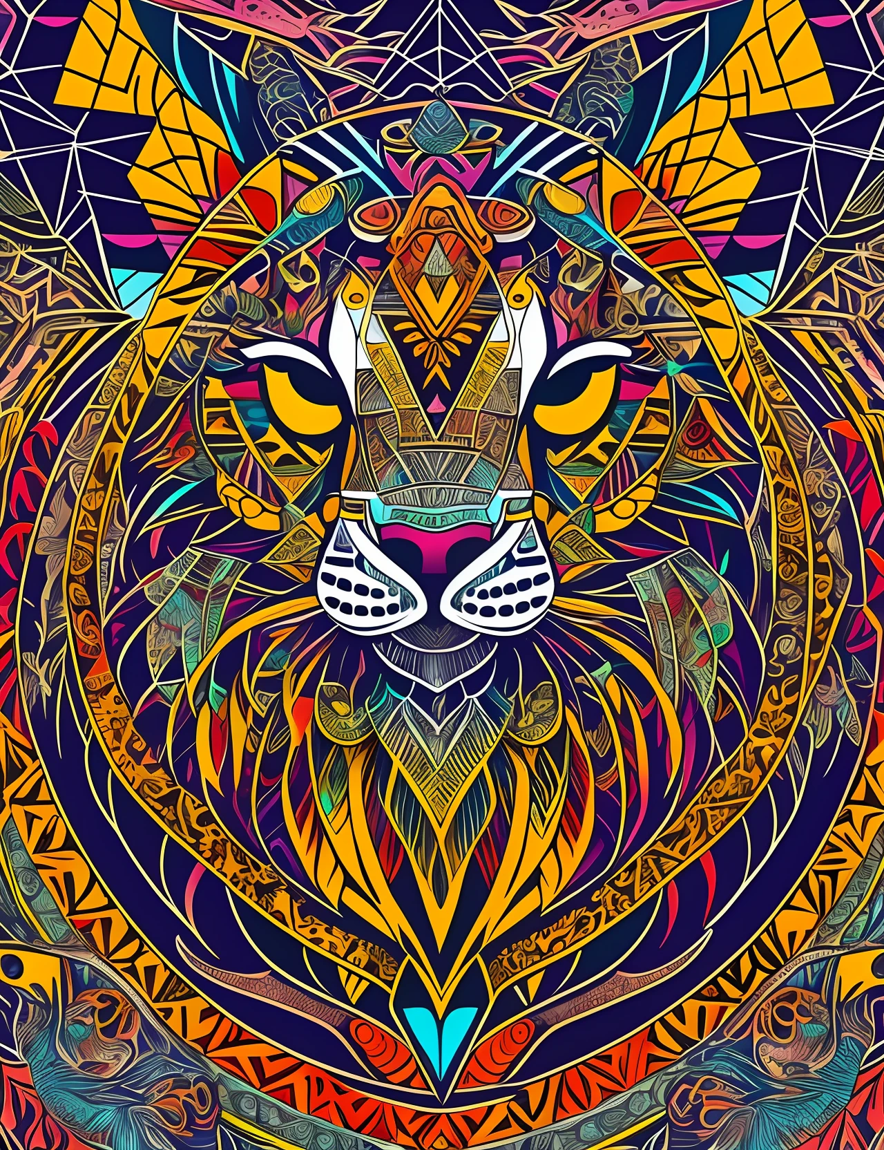 Tribal Spirit animals: A t-shirt design inspired by tribal art and folklore, bright colors, featuring intricately detailed spirit animals such a geko. The design incorporates geometric patterns and bold linework to create a striking and powerful composition. white background, 8k—with 3:4- -s250 --auto --s2