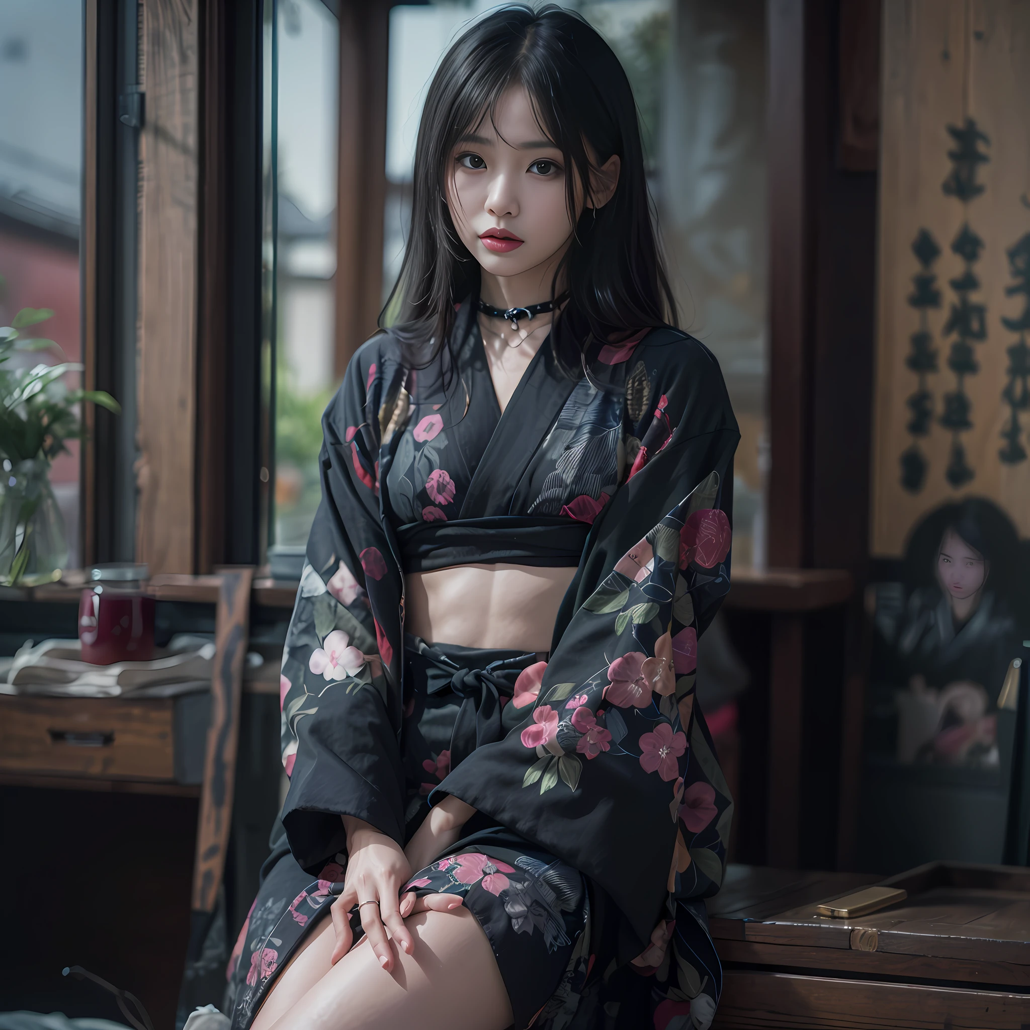 (masuter piece:1.3)、(8K、Photorealsitic、Raw photography、top-quality: 1.4)、超A high resolution、A hyper-realistic、high-detail、A dark-haired、独奏、Medium straight hair、straight haired、Beautuful Women、Looking back、View photographer、Sit down and look back、Gothic makeup、Numerous piercings、Black yukata、Punk Yukata、Barefoot slit、thighs thighs thighs thighs、Hands tucked between thighs