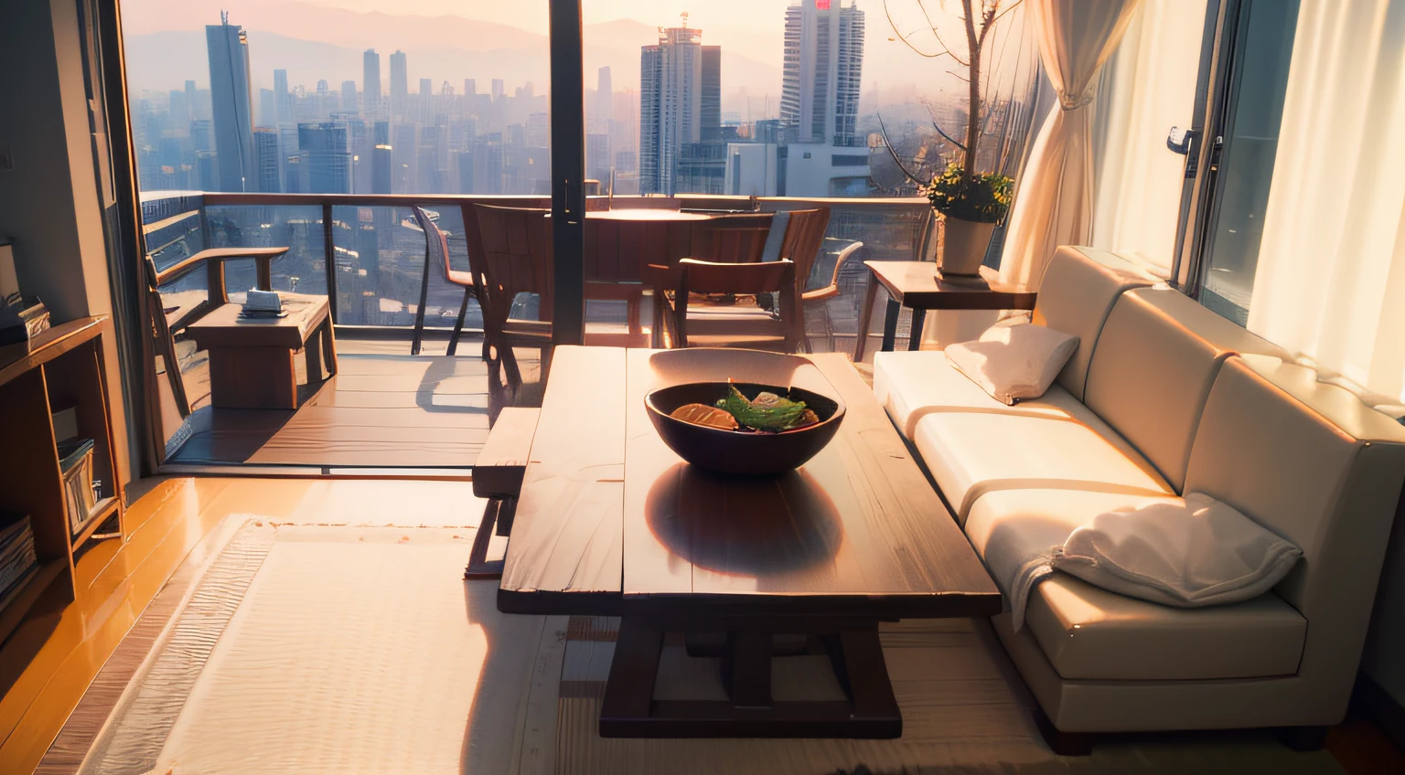 small room, nice tokyo view, morning, peaceful, tidy, 8k uhd, dslr, soft lighting, high quality, film grain, Fujifilm XT3 on the table