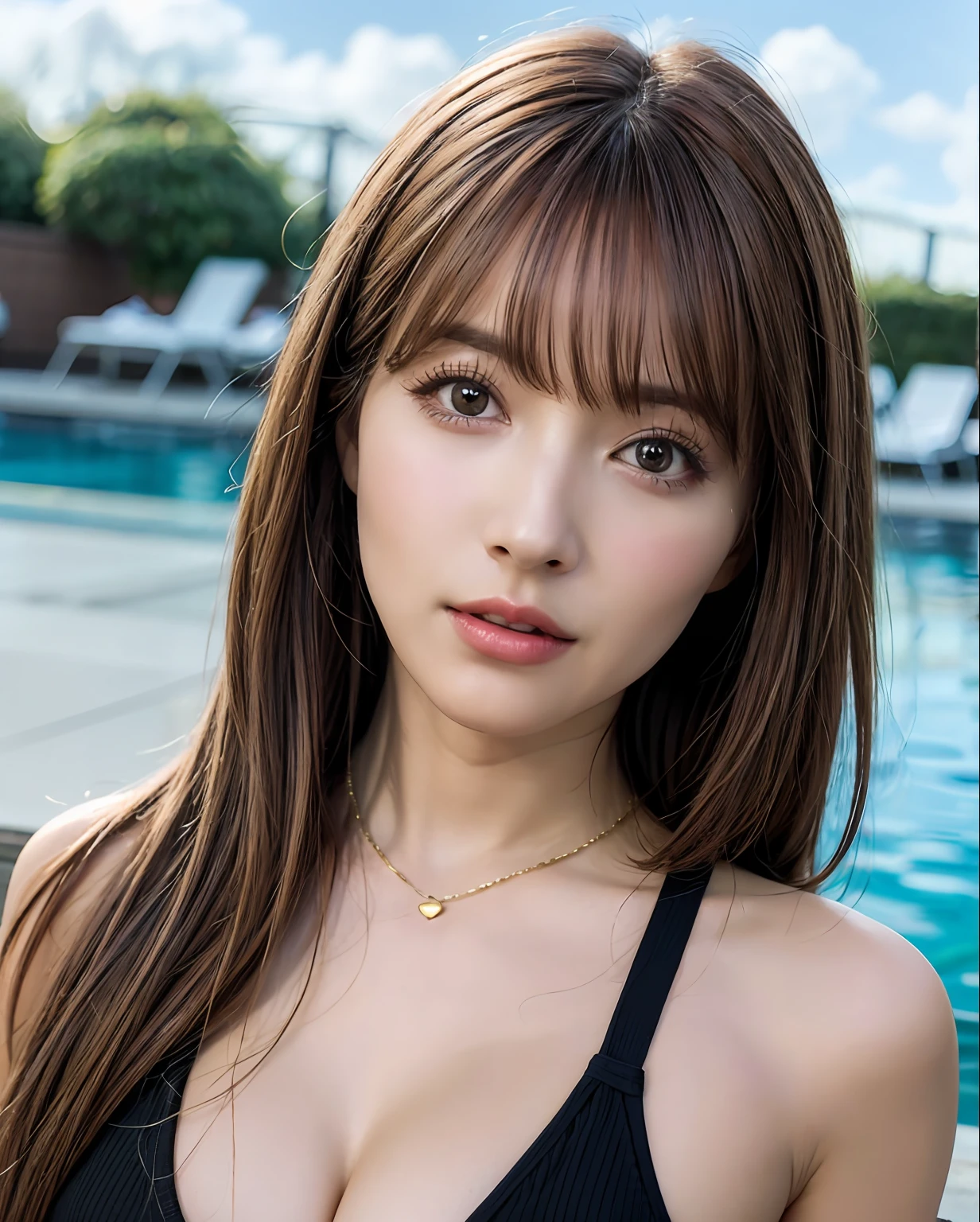 pureerosface_v1, Best Quality, Photorealistic, 8K, High Definition, One Girl, Women, Gorgeous, Dynamic Pose, Poolside Background, Medium Size Round Breasted, Sweater, Look Straight Up, Beholder, Medium Length Hair, Brown Hair, Cleavage