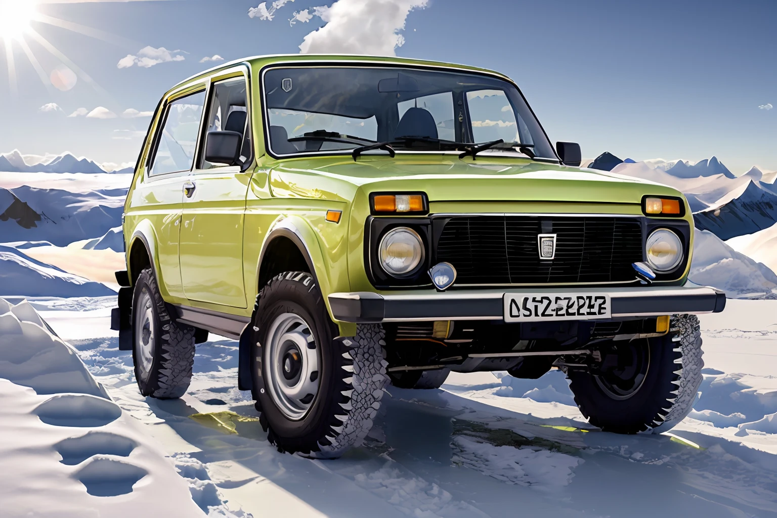 ((masterpiece, best quality)),extremely_detailed_wallpaper, , car, bright ,shinny ,shinny sky, ((beautiful detailed sky)),sunny,sun,morning, cloudy sky, sky,outdoors ,light, cloud, ((backlight)) ,vehicle focus, VAZ2121, use offroad wheel, adventure modified, snow offroad, antartica