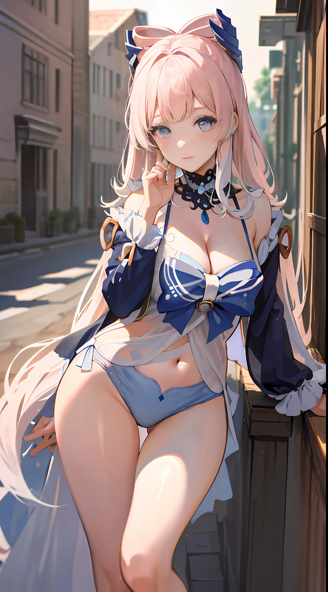 Masterpiece, best quality, super detailed, illustration, medium view, beautiful detailed eyes, ((far view, wide angle 1.31)), on the outside, a girl, white hair, pink bow, blue lingerie, sexy, facing face, big breasts