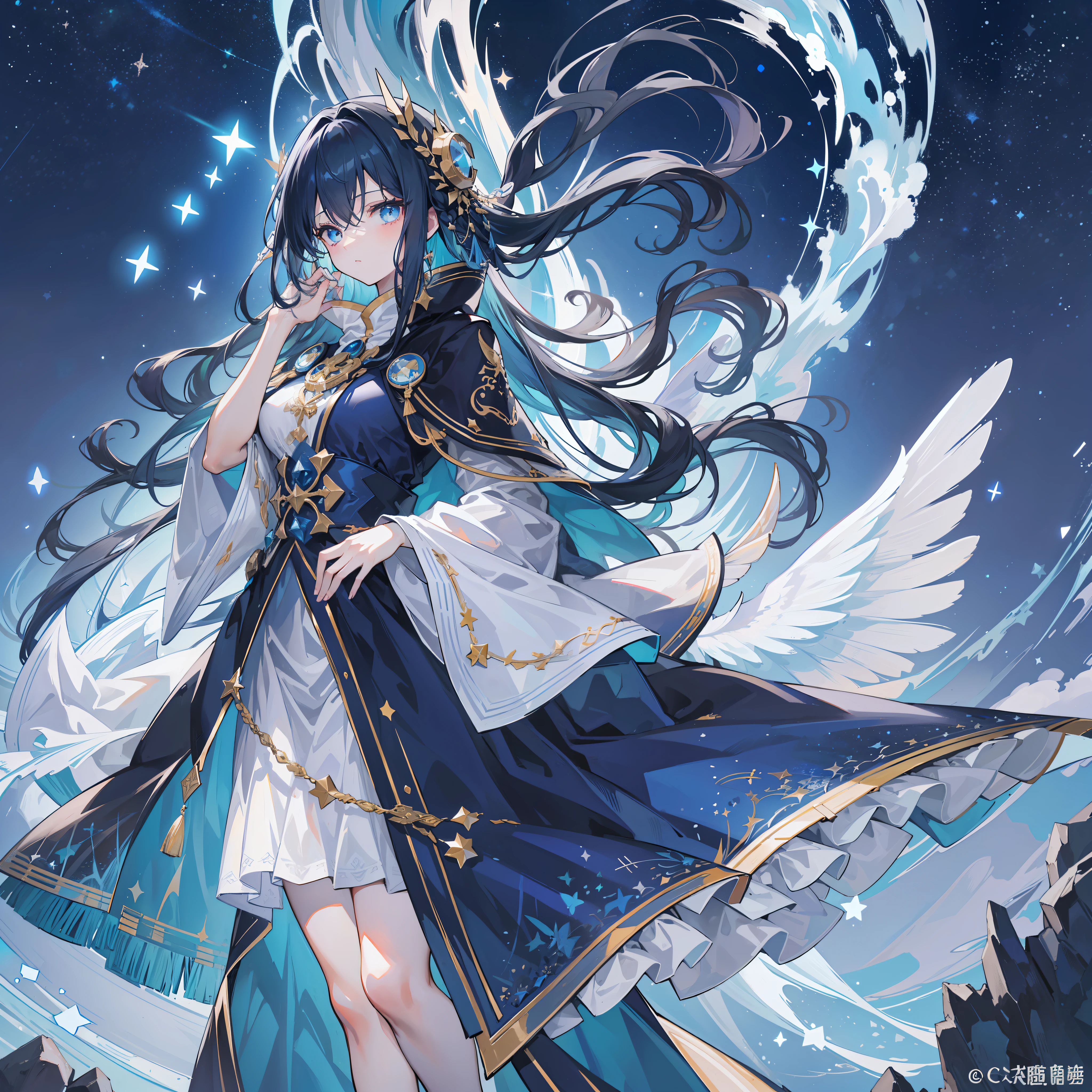 ((ultra - detailed)),((illustration)),((tmasterpiece)),(((Need))),((美丽细致的眼睛)),(the Extremely Detailed CG Unity 8K Wallpapers,best qualtiy,tmasterpiece),((4K,tmasterpiece,best qualtiy)),Slightly mature girl standing alone in the galaxy,Long dark blue hair,long whitr hair,The inside is navy blue,The outer side is dark blue,Long hair and waist,Dark blue feather dress dress,Dark blue cape shawl,Under the cloak are the stars,A sky full of stars,In the universe,Star eyes,Quiet,gyuru,There are many huge dark blue butterflies dotted with stars around,The river of stars surged under your feet,Whole body diagram,blacksilk,long skirt,Poor milk,Dark blue boots,Star hair ornaments,The mirror shattered into wings