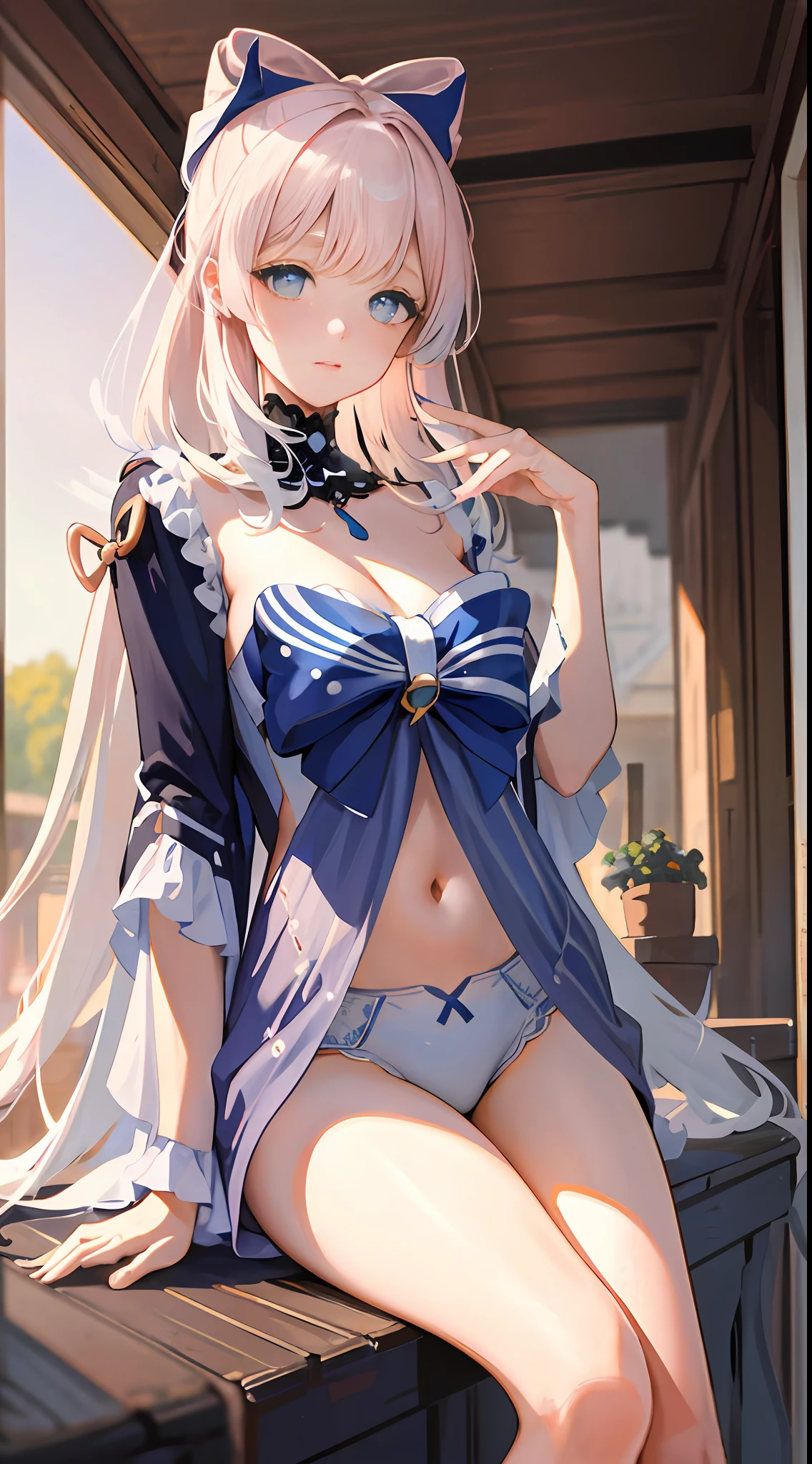 Masterpiece, best quality, super detailed, illustration, medium view, beautiful detailed eyes, ((far view, wide angle 1.31)), on the outside, a girl, white hair, pink bow, blue lingerie, sexy, facing face, big breasts