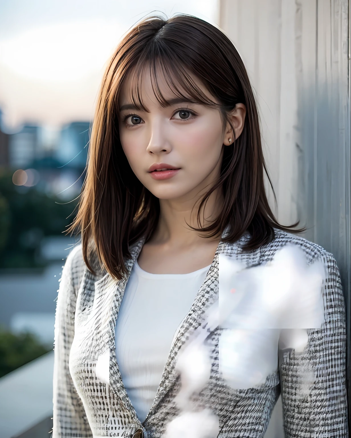pureerosface_v1, Top Quality, Photorealistic, 8K, High Definition, One Girl, Women, Gorgeous, Dynamic Pose, Outdoor Background, Medium Size Round Breasted, Sweater, Look Straight Watch, View Beholder, Medium Length Hair, Straight Hair, Brown Hair