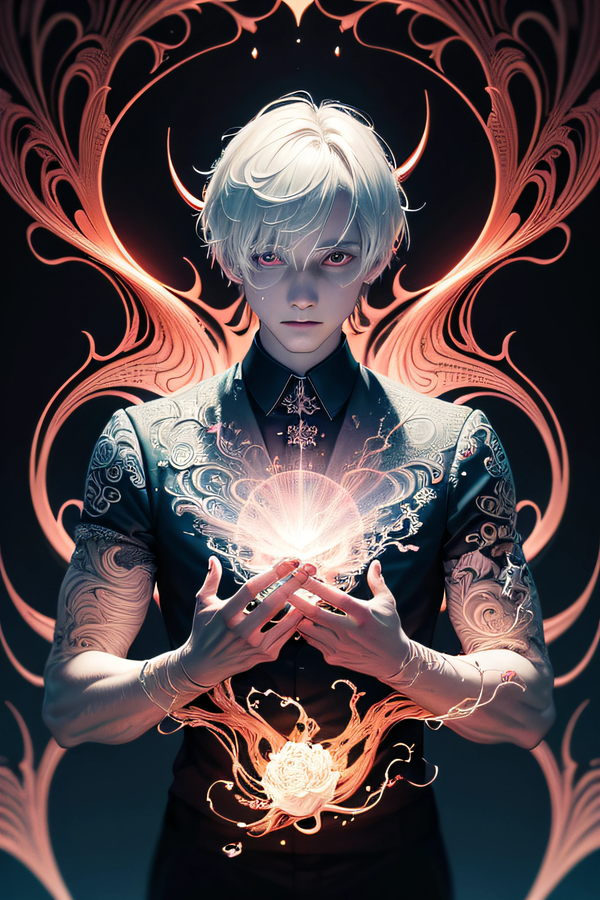 Realistic, (Masterpiece, Top Quality, Best Quality, Official Art, Beauty and Aesthetics: 1.2), Very Detailed, Fractal Art, Colorful, Most Detailed, Zentangle, (Abstract Background: 1.5) (1boy: 1.3), God, White Hair, Short Hair, (Glowing Red Eyes), Mysterious, (Magic), Ice, Handsome Man, ((Other Shore Flower, Garlic)), Yellow Spring, Hell, Soul Ferryman, Ghost