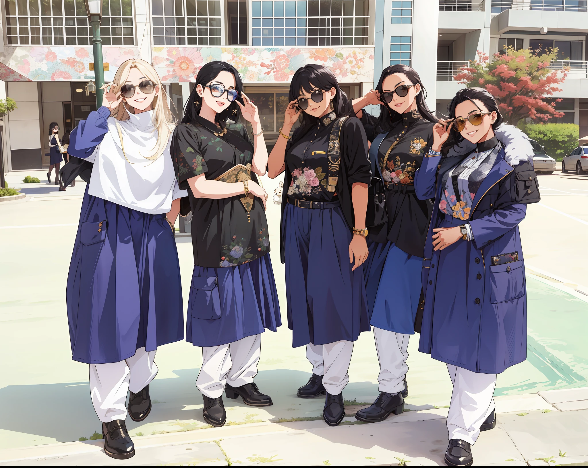 masterpiece, best quality, highres, 5 girls, wearing fancy sunglasses, classy outfits, detailed faces, detailed hair, black hair, stylish, modern, smiling, anime style, highly detailed, full body, sunny day