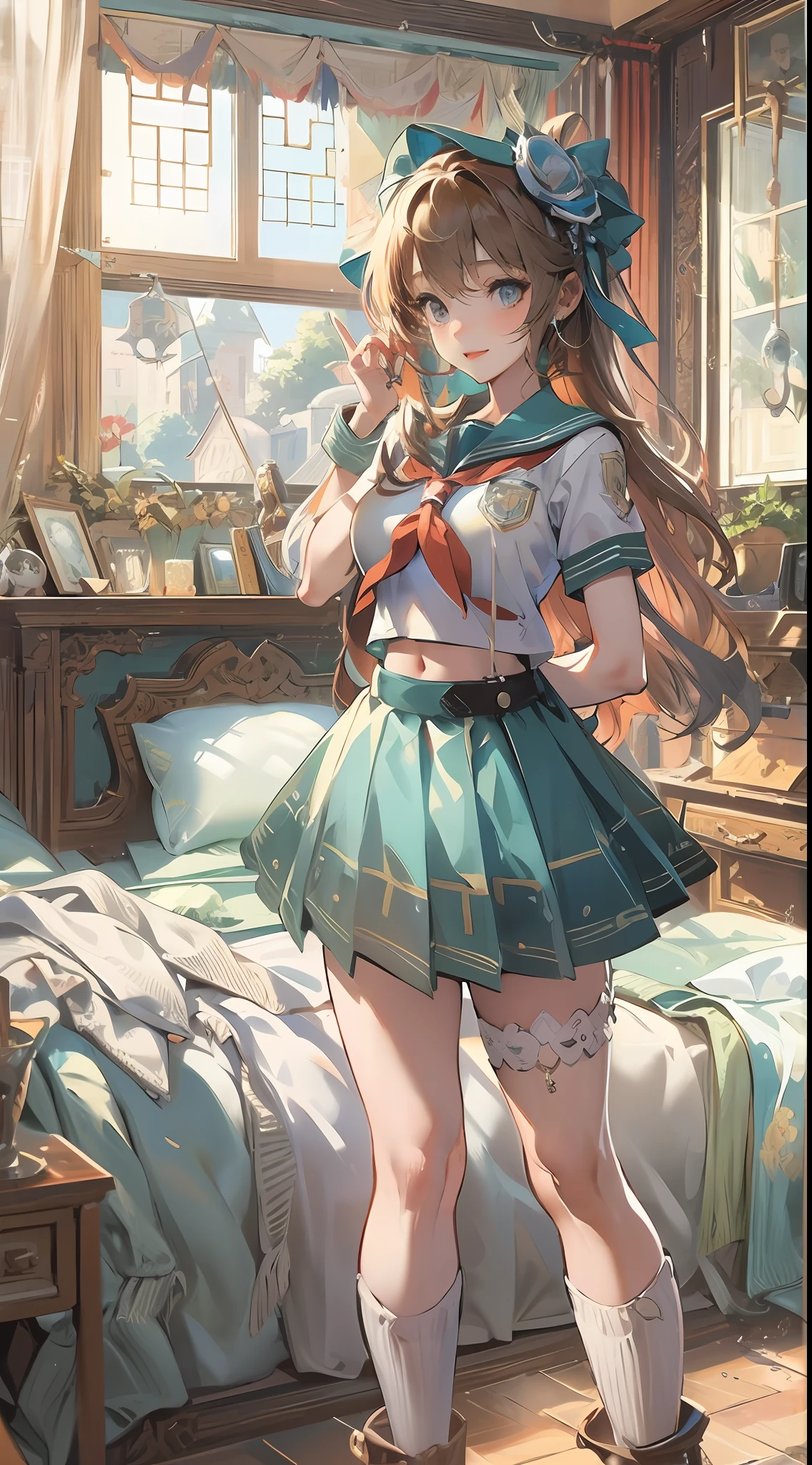 1girl,large breasts,midriff,
indoors,bedroom,standing,cowboy shot, ((school_uniform))