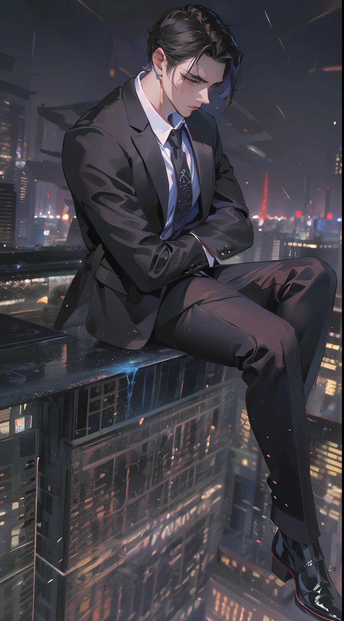 (absurdres, highres, ultra detailed, realistic, ), 1 male, solo, adult, mature, tall muscular guy, broad shoulders, handsome, very short hair, black hair, brown eyes, angular jaw, thick neck, thick eyebrows, night, dark, the night view of the city background, formal suit, necktie, upper body