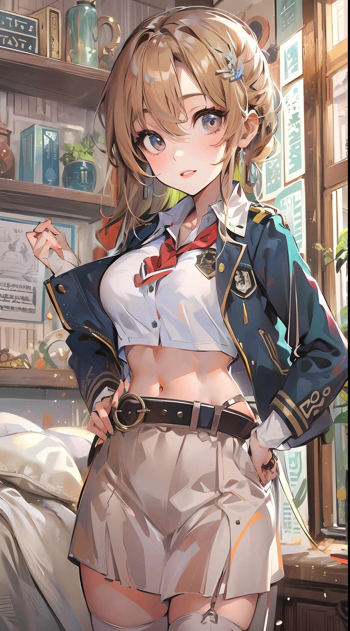 1girl,large breasts,midriff,
indoors,bedroom,standing,cowboy shot, ((school_uniform))