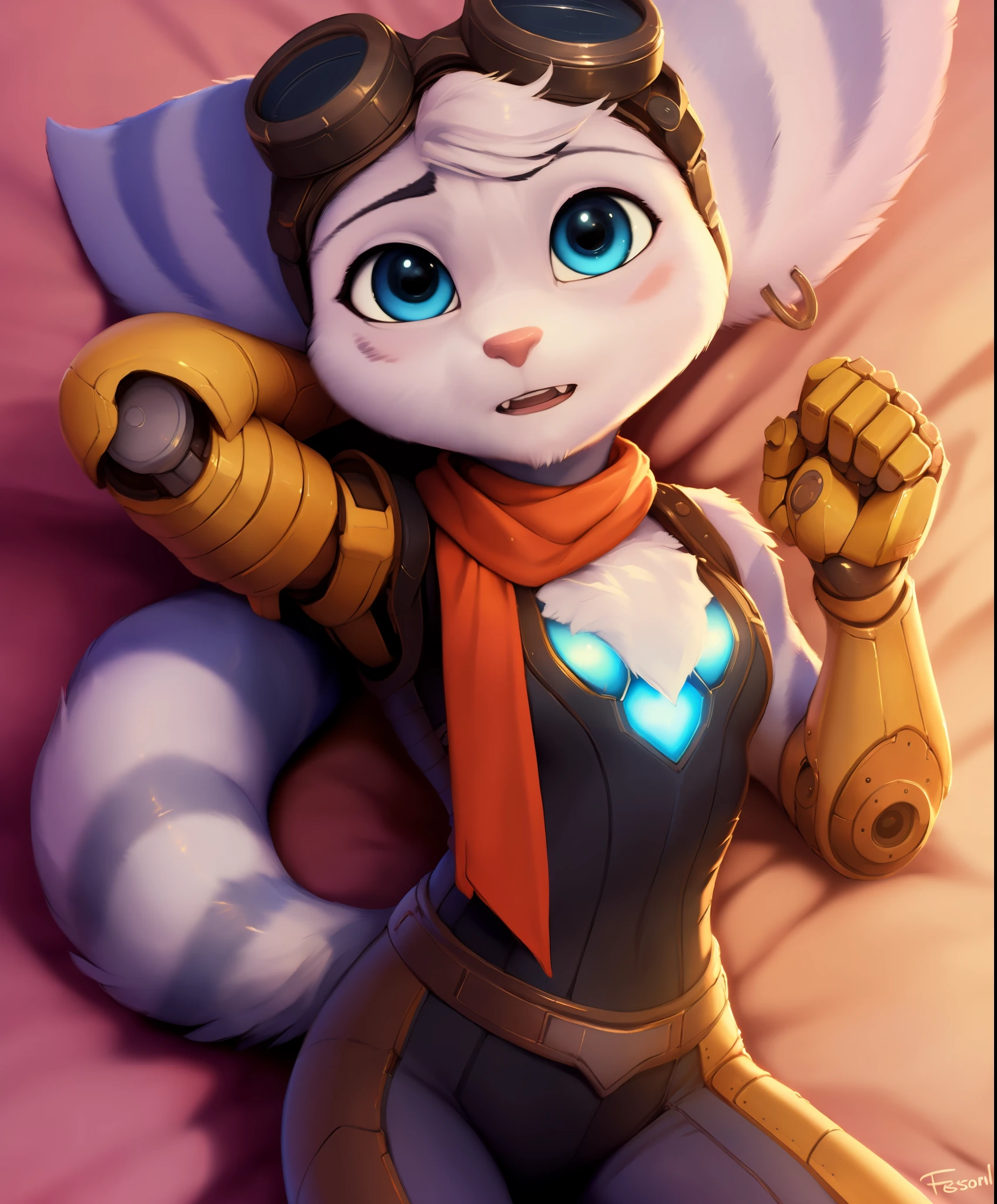 rivet, blue lombax girl, blue eyes, goggles, solo, lying on back, blue striped arm, yellow cybernetic robot arm, (best quality, masterpiece:1), blush, pose, detailed fur, (body fur, furry body:1.4), furry female anthro, looking at viewer, closed mouth, high-angle view, from above, (romantic background:1.2), bed sheet background,, smile, striped tail, chest tuft,, ,, [by dagasi|ancesra:0.5], (by foxovh|by personalami), (by einshelm|by tom_fischbach)],