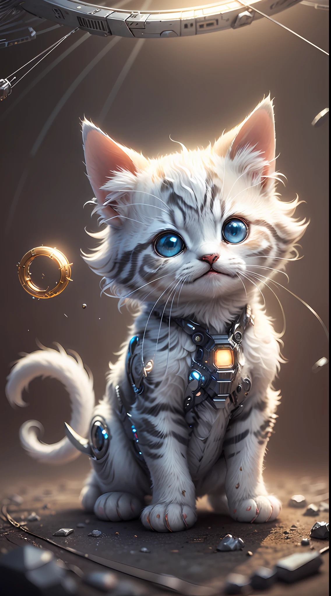 A cute metallic white fur kitten，(Cyborg:1.1)，([Tail|detailed wire]:1.3)，(complexdetails)，hdr，(complexdetails，ultra - detailed:1.2)，Cinema lenses，Halo shadow，at centre，White-haired kitten！！！，red colour，ssmile，Funny，crystal，brightly，shaggy，Floating in mid-air，Bling background