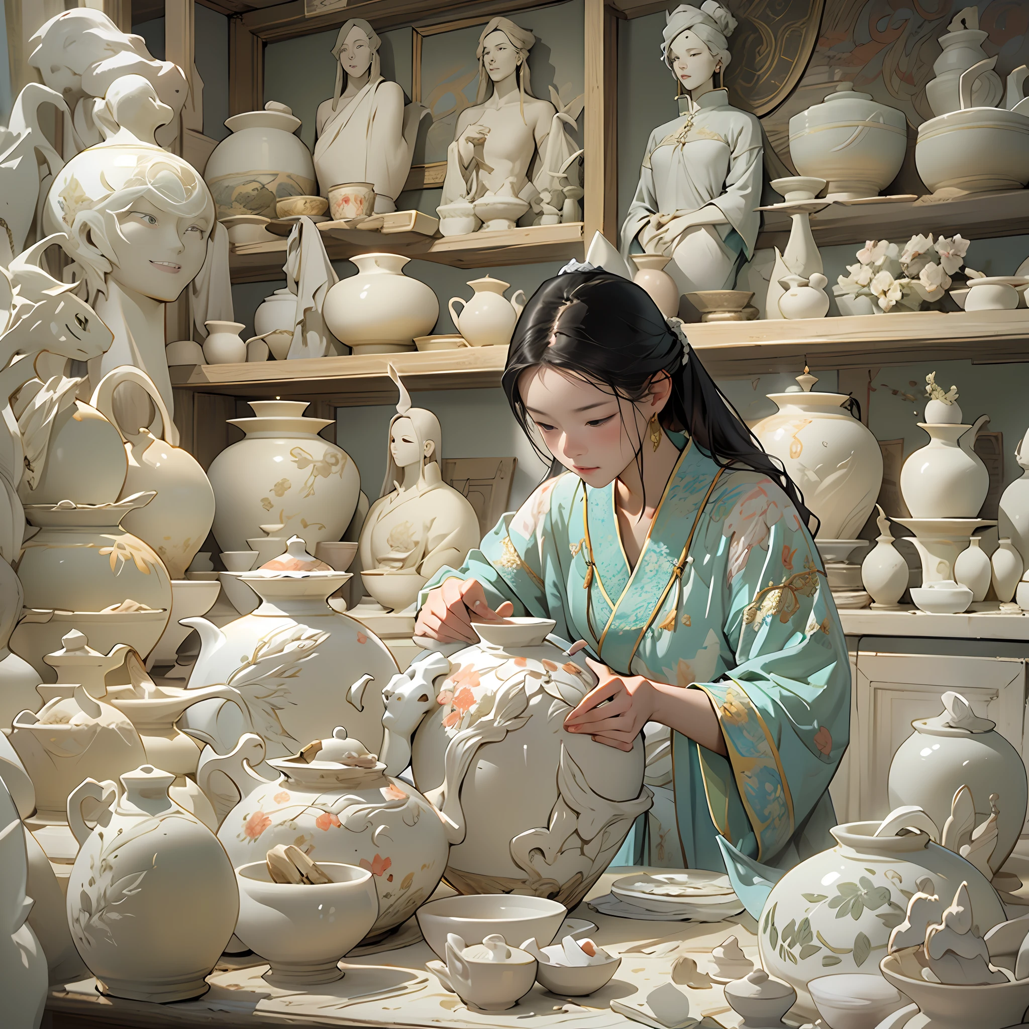 bustling ceramic artist in the royal porcelain atelier, sculpting clay into intricate porcelain molds, meticulous attention to detail, graceful hand gestures, focused and serene expression, elegant silk robes with delicate embroidery, soft pastel colors, ethereal atmosphere with gentle lighting, Song Dynasty style, by Fan Kuan