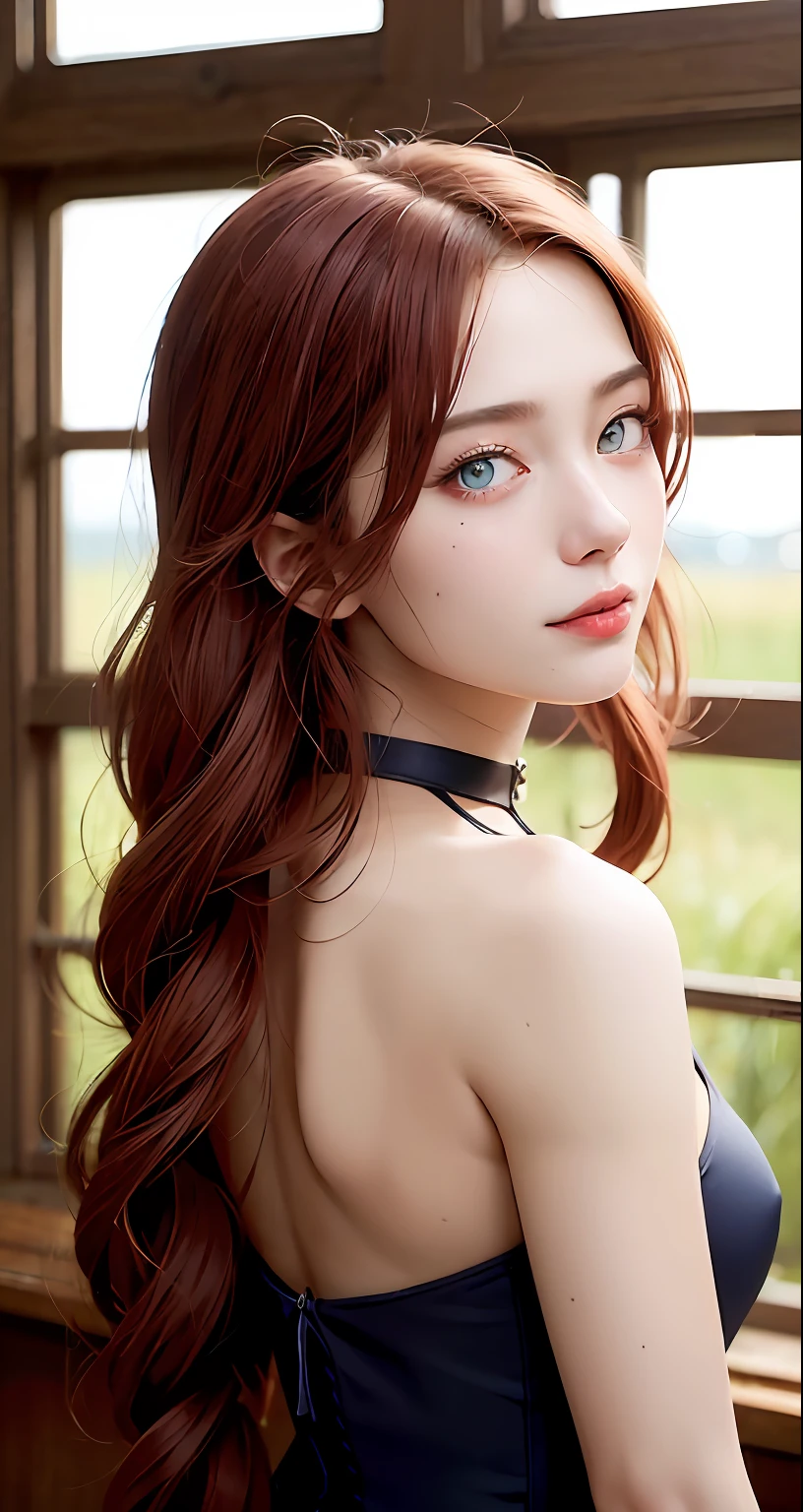8k, RAW Photography, portlate, Looking back、top-quality, 超A high resolution、耳Nipple Ring、鎖骨、onepiece、Braids、window、Photorealsitic, 女の子1人, full bodyesbian, redhair, Blue eyes、a choker, a smile, eye lashes, 电影灯光, depth of fields, lensflare