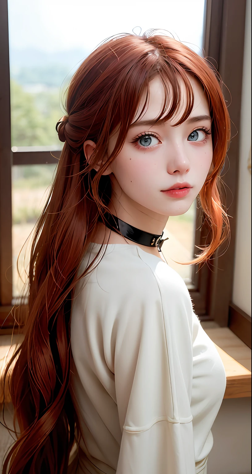 8k, RAW Photography, portlate, Looking back、top-quality, 超A high resolution、耳Nipple Ring、鎖骨、onepiece、Braids、window、Photorealsitic, 1人, full bodyesbian, redhair, Blue eyes、a choker, a smile, eye lashes, 电影灯光, depth of fields, lensflare