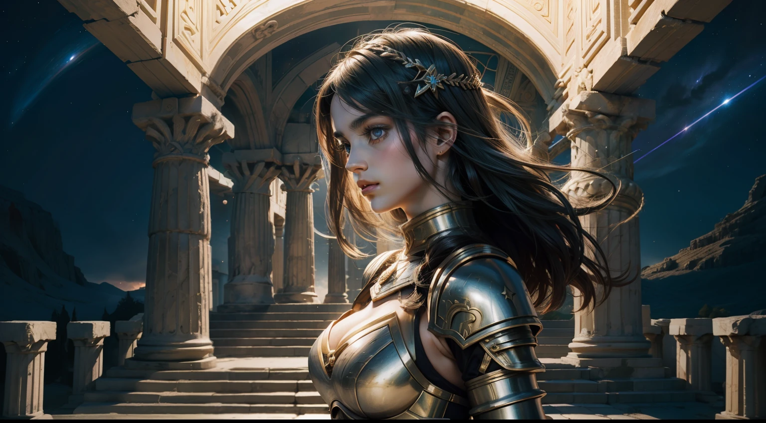 greek temple，teens girl，Large breasts，Heavy armor，Complex patterns，dynamicposes，dramatics，A high resolution，photorealestic，best qualityer，Starcloud，galactic，magia，half-body shots
