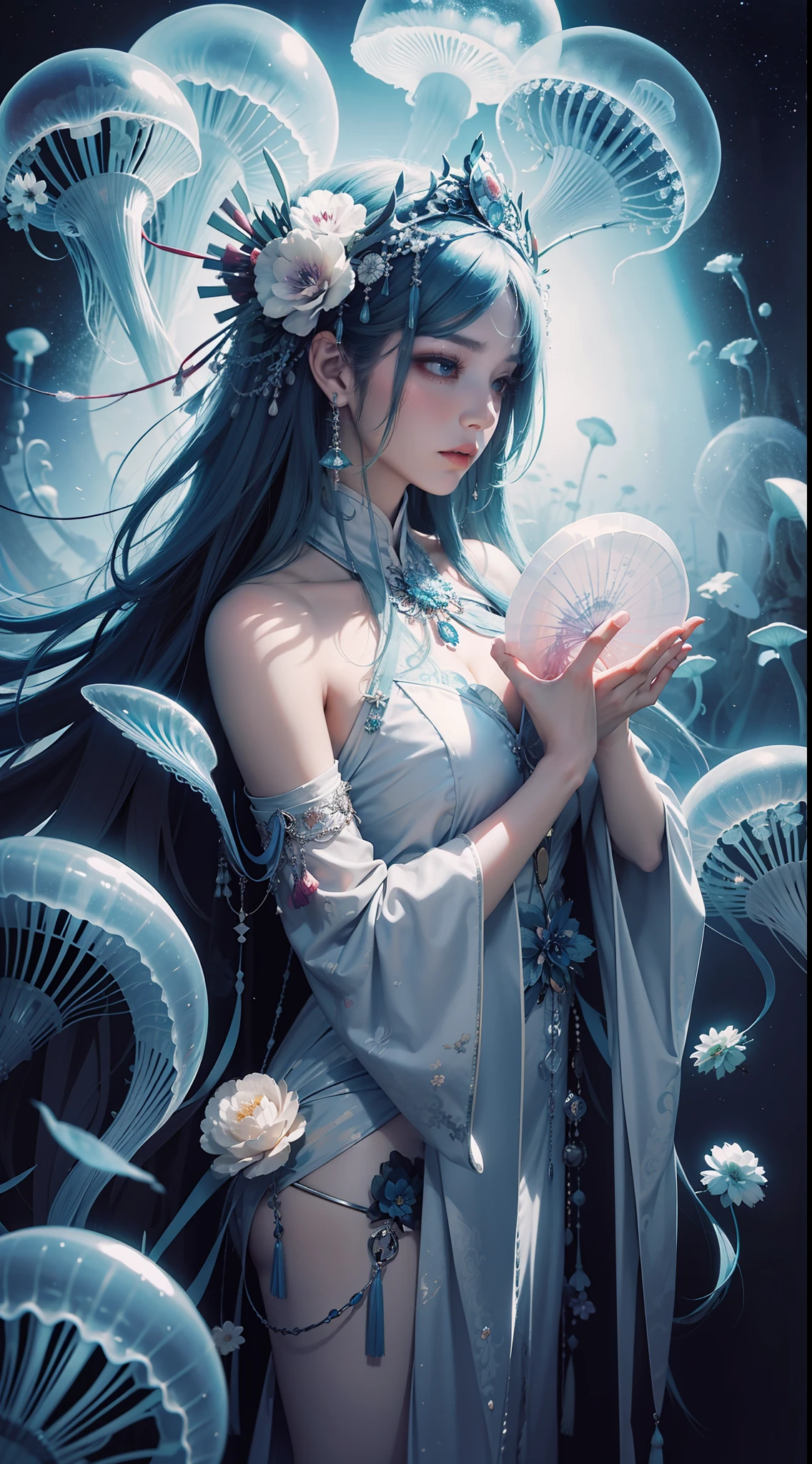 Woman in costume with silver headdress and flowers,HmongCostume, jellyfish shrine maiden, jellyfish priestess, anaglyph effect ayami kojima, Zhang Jingna, yoshitaka amano photorealistic, Björk aesthetics, inspired by Tsukioka Yoshitoshi, Flower shaman, Nick Knight, There are few flowerpunk bliss,Eerily dark atmosphere,best qualtiy,8K