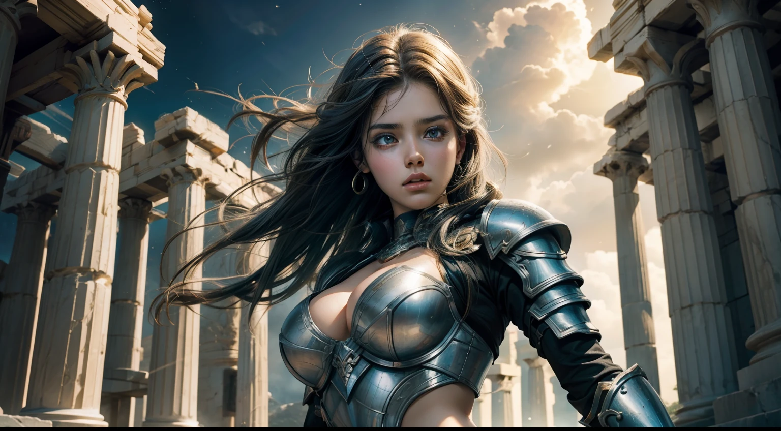 greek temple，teens girl，Large breasts，Heavy armor，Complex patterns，dynamicposes，dramatics，A high resolution，photorealestic，best qualityer，Starcloud，galactic，magia，half-body shots