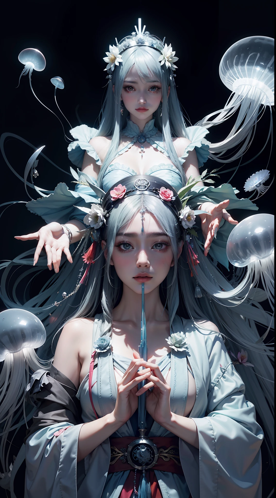 Woman in costume with silver headdress and flowers,HmongCostume, jellyfish shrine maiden, jellyfish priestess, anaglyph effect ayami kojima, Zhang Jingna, yoshitaka amano photorealistic, Björk aesthetics, inspired by Tsukioka Yoshitoshi, Flower shaman, Nick Knight, There are few flowerpunk bliss,Eerily dark atmosphere,best qualtiy,8K