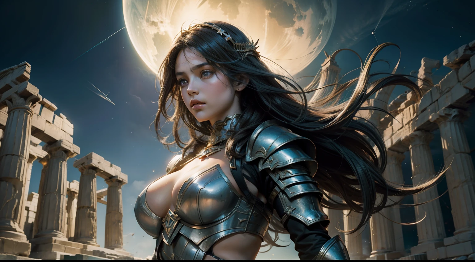 greek temple，teens girl，Large breasts，Heavy armor，Complex patterns，dynamicposes，dramatics，A high resolution，photorealestic，best qualityer，Starcloud，galactic，magia，half-body shots