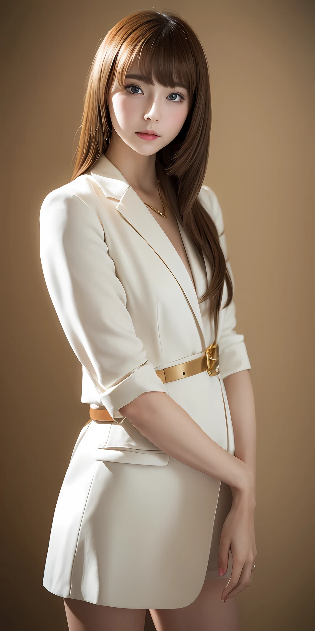 1人, Solo, Portrait of British golden girl in tunic white blazer dress, Gold belt,Delicate makeup, Details, Realistic, Photography, The background is blurred out, soft focus,(Medium shot:1.4)brown background,voluptuous figure