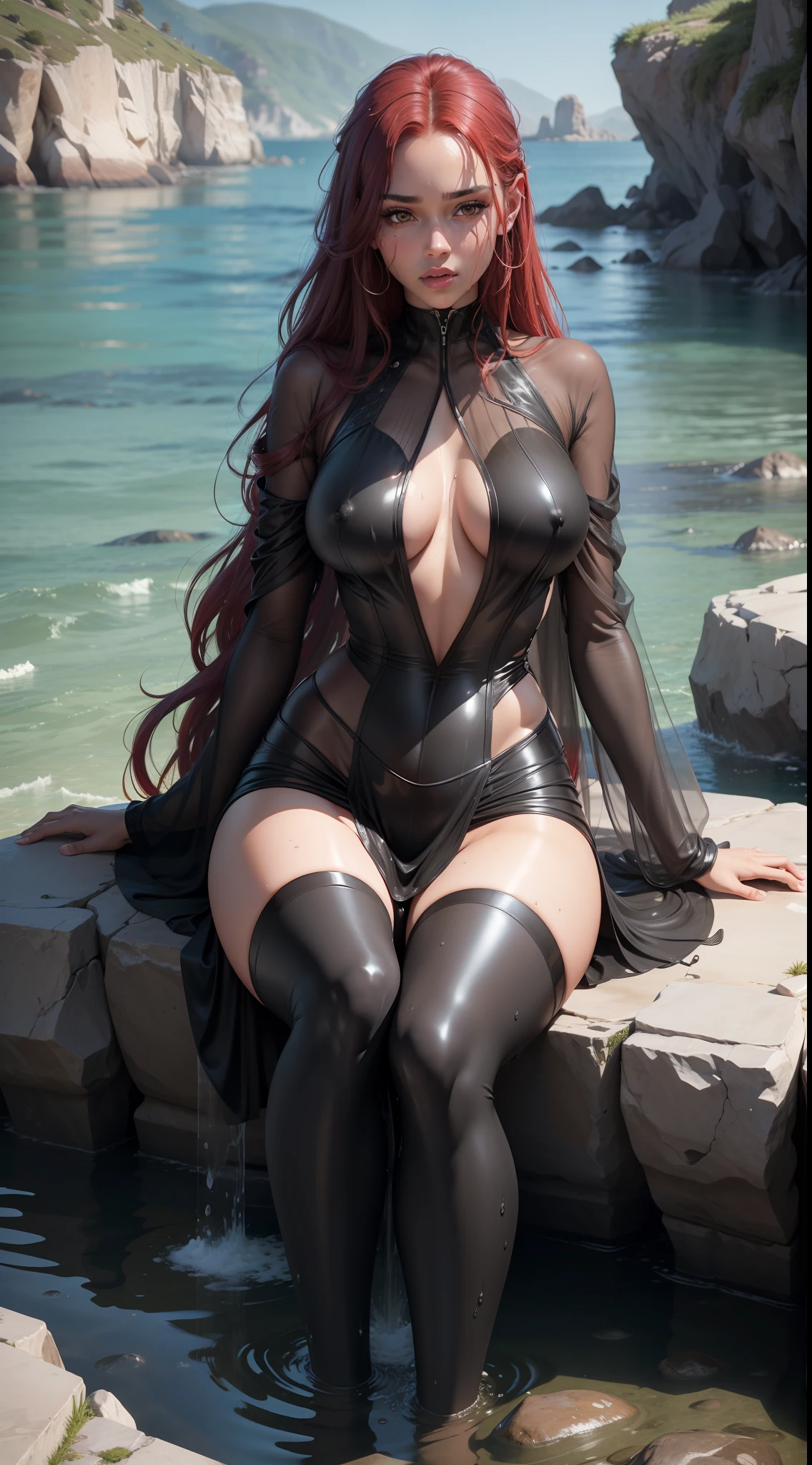 ultra realistic 4k tall black woman, 20 years old, ultra realistic 4k red corset, ultra realistic 4k sitting legs apart, ultra realistic 4k, medium breasts ultra realistic 4k long red hair, ultra realistic fully wet black skin 4k, silver eyes (ultra realistic) ,4k, sitting on rock with legs apart (ultra realistic), 4k, ultra realistic transparent clothes, wet body 8k high resolution