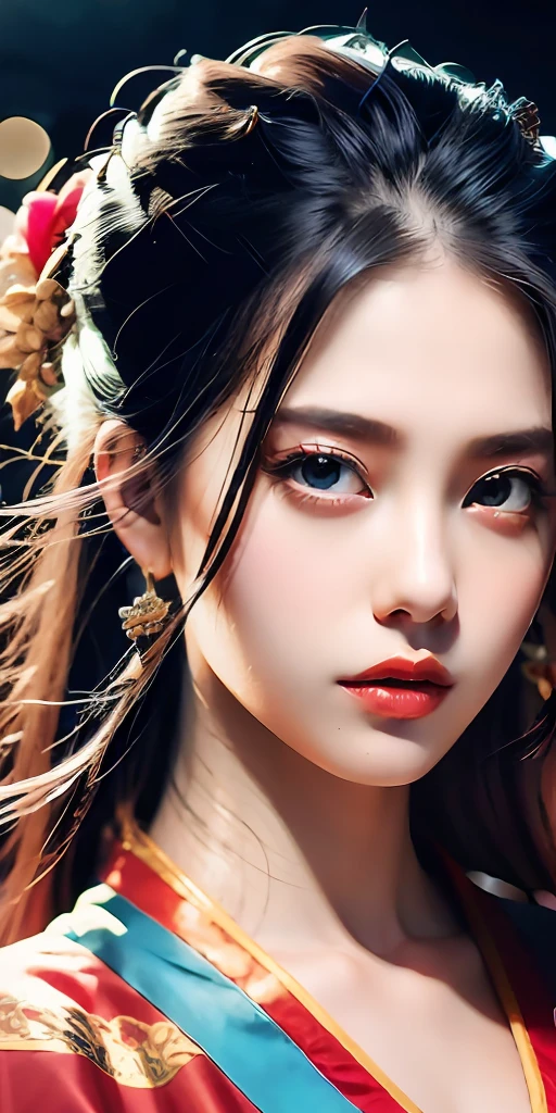 Woman standing in front of camera, full bodyesbian、full_Body, breastsout, hanfu, Brown eyes, Stars, Wind, Pose for Art Photo, cluster、elegant portrait, a blond、the wind、Photo Portrait 4K, 50mm portrait, cleavage of the breast, a photography of a beautiful woman, elegant profile pose, 60mm portrait, photo portrait, portrait of a beautiful model, profile pose, fine art portrait photography, Sensual Woman, elegant profile pose, up looking_で_Viewers