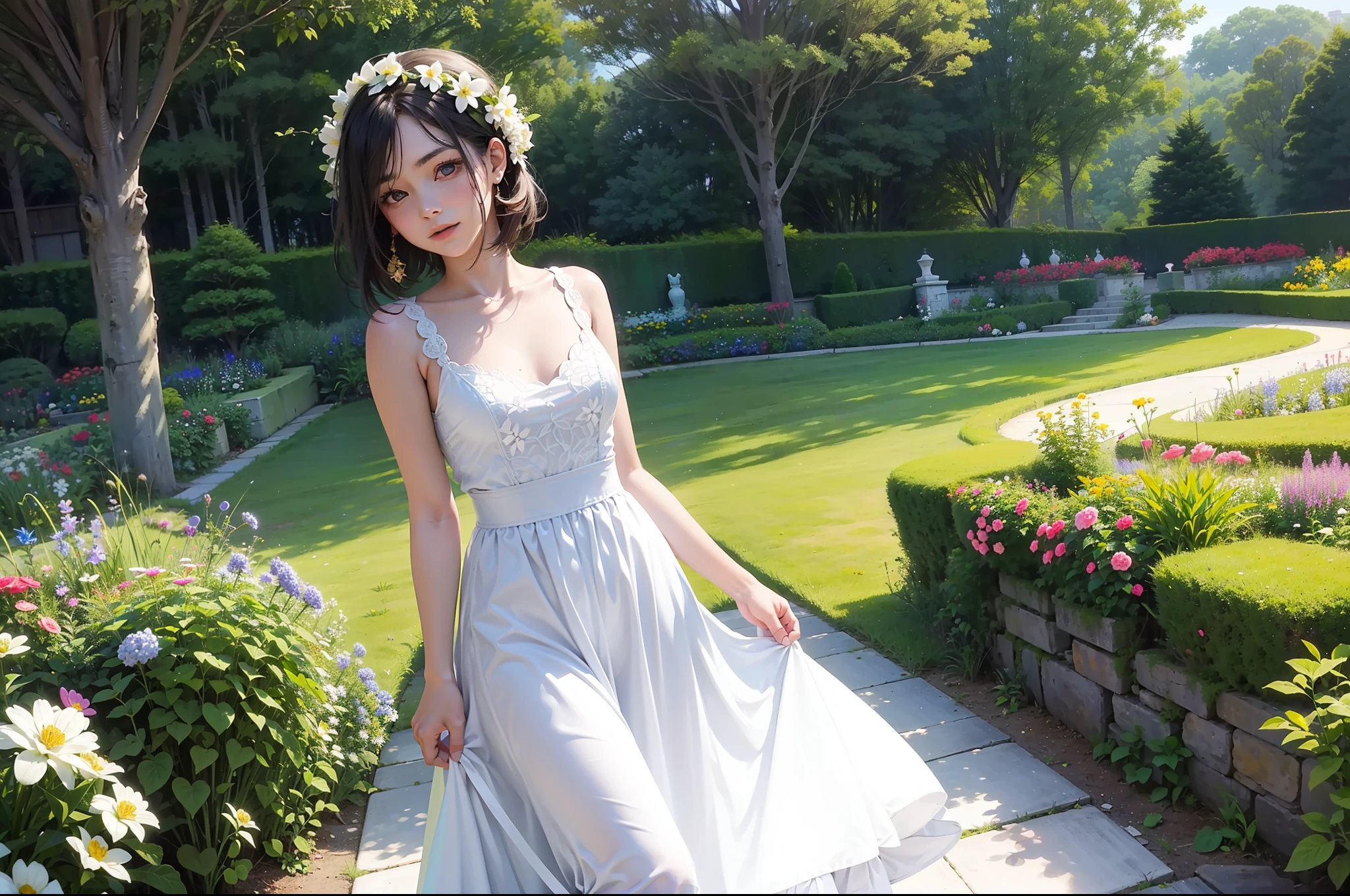 In a beautiful garden, una hermosa joven camina con un vestido corto con tirantes, camina descalza por la hierba, Small flowers are of various colors. It's a summer day with good light. Una imagen espectacular. (obra maestra) (mejor calidad)