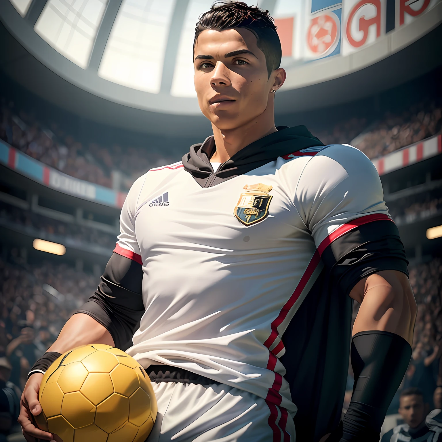 Cristiano Ronaldo kicks and shoots in the stadium, Rendu portrait 8k, Portrait of Cristiano Ronaldo, arnold maya render, Footballer Cristiano Ronaldo, Cristiano Ronaldo as Batman, inspired by Adrian Zingg, Inspired by Yurai Juliye Klovic, wojtek fus, super detailed render, 8 k cg render, high detail 8 k render