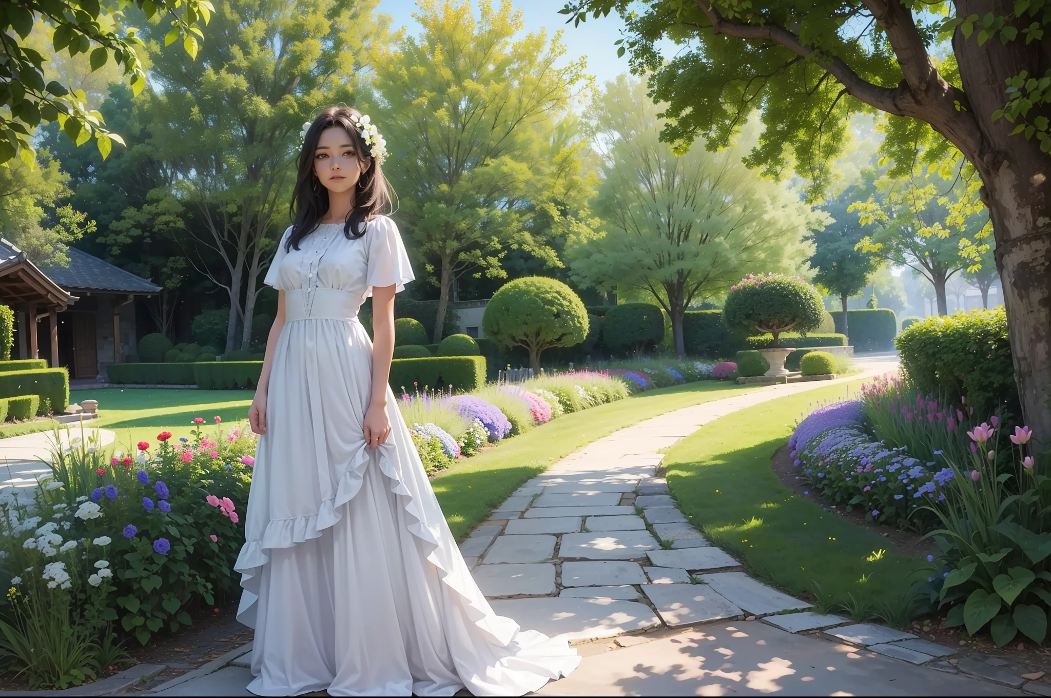 In a beautiful garden, una hermosa joven camina con un vestido corto con tirantes, camina descalza por la hierba, Small flowers are of various colors.  It's a summer day with good light. Una imagen espectacular. (obra maestra) (mejor calidad)